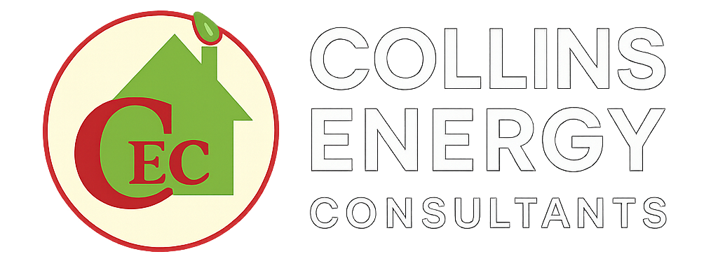 Collins Energy Consultants logo featuring a green house with a red outline and the letters C, E, and C inside, next to the text COLLINS ENERGY CONSULTANTS in white.