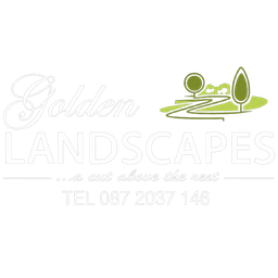 Golden Landscapes logo with stylized green landscape and phone number 087 2037 146.