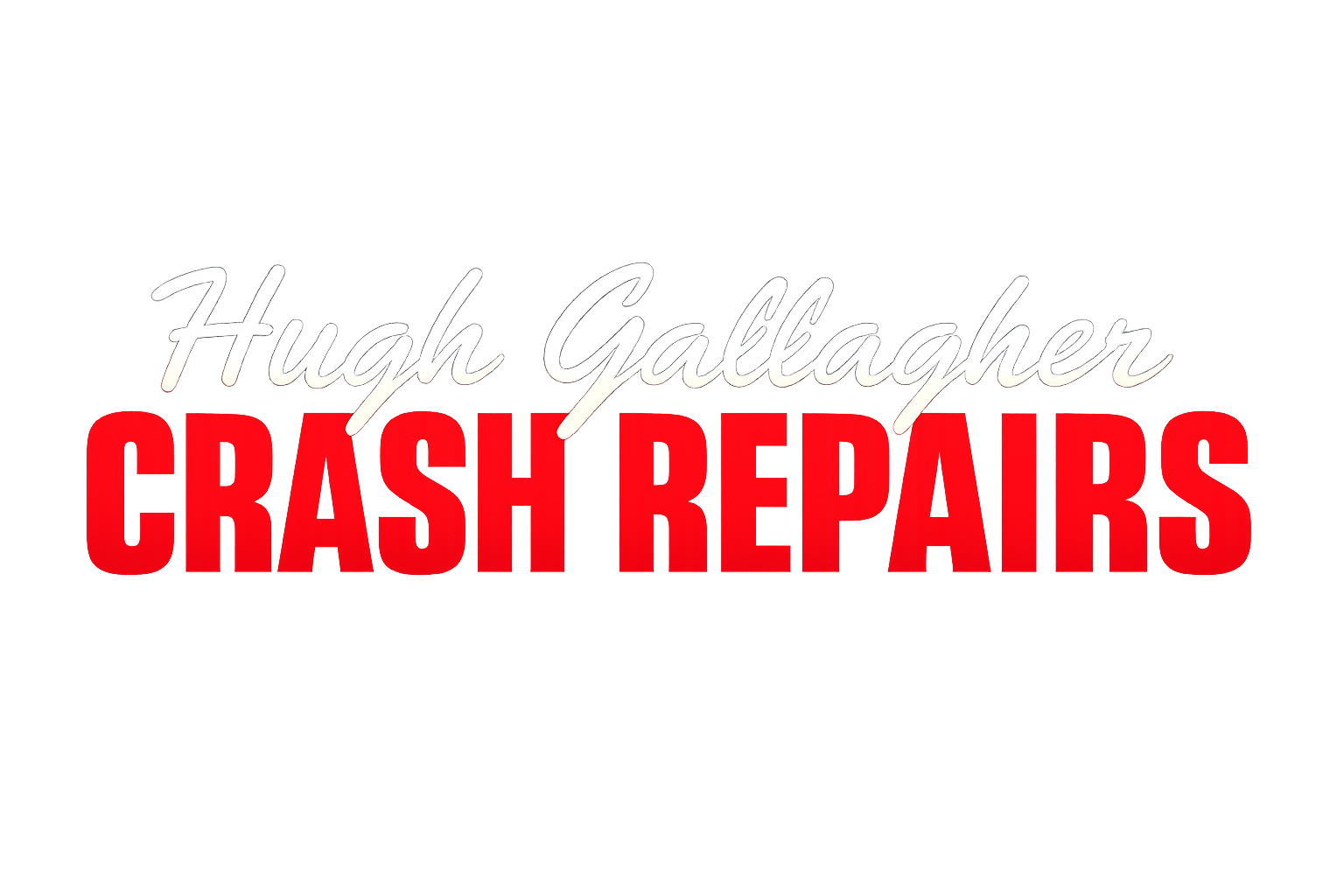 Text reading 'Hugh Gallagher' in white cursive above 'CRASH REPAIRS' in large bold red uppercase letters on a dark gradient background.