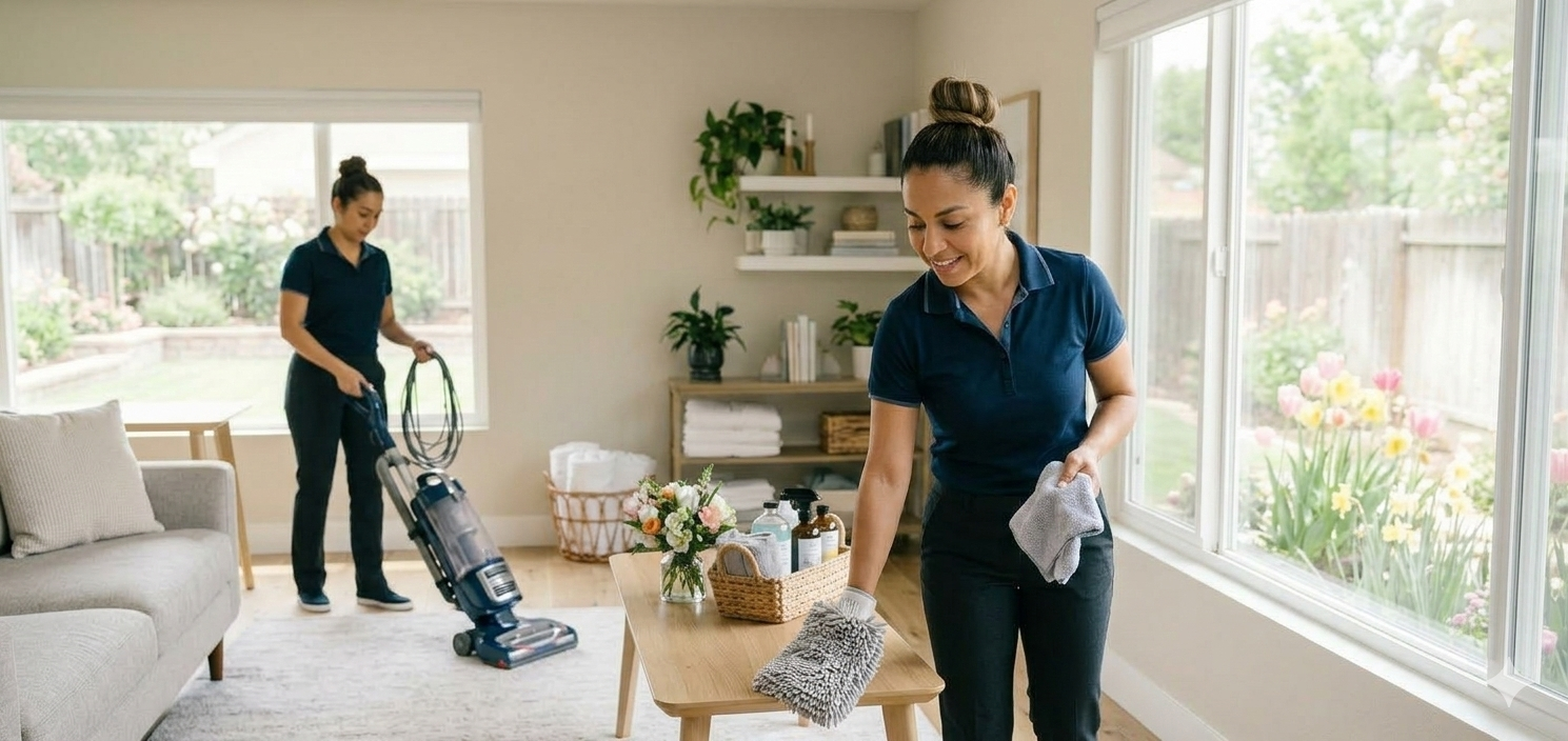 Two professional cleaners in navy polos perform a Spring Deep Clean Reset in a sunlit modern living room, wiping windows and vacuuming, representing Mary & A Mop's service in Southern California.