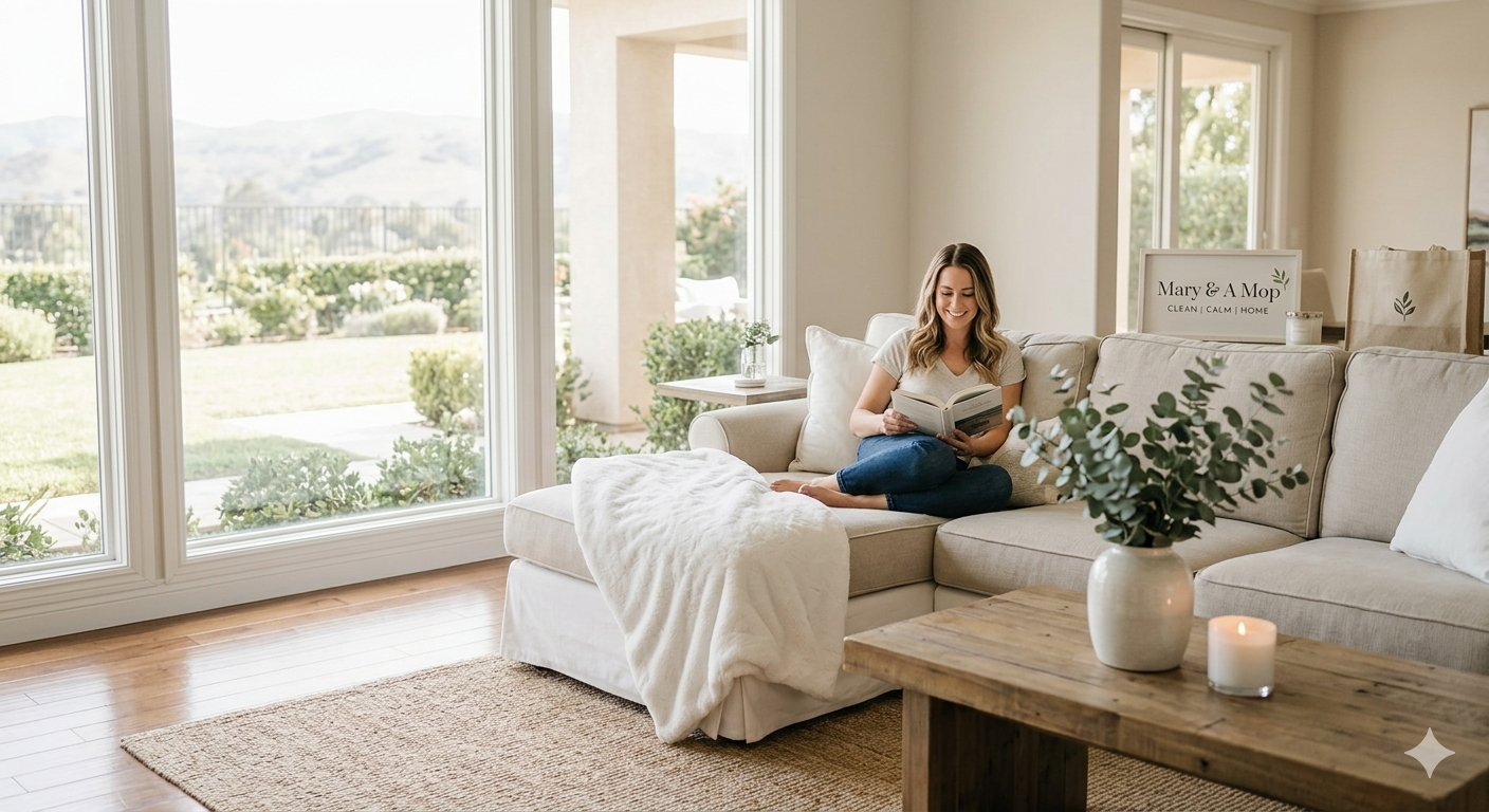 A woman relaxing on a clean white sofa in a sunlit Southern California home, representing the stress-free environment provided by Mary & A Mop cleaning services in OC, IE, and SE/East LA County.
