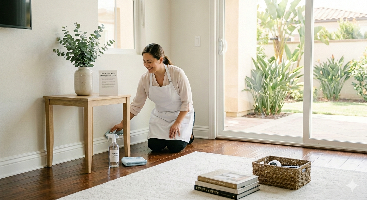 A professional home cleaner wearing a plain white apron meticulously dusting baseboards in a bright, sunlit Southern California living room with hardwood floors. A large sliding glass door overlooks a sunny backyard patio, with a clear spray bottle and microfiber cloths nearby on a white area rug, illustrating a proactive home asset management maintenance routine.