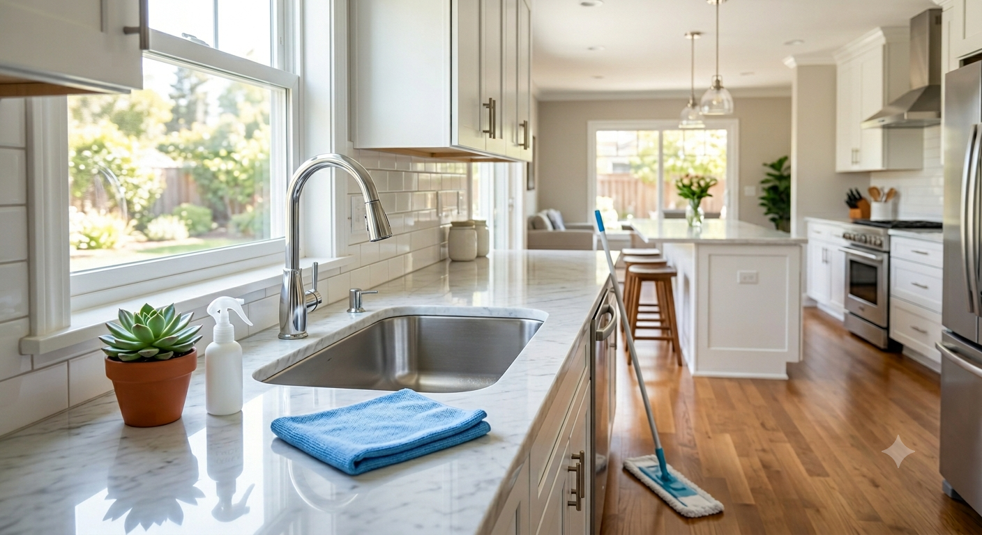 A freshly cleaned and sparkling kitchen counter and sink demonstrating the Mary and A Mop house cleaning standard in a Southern California home.