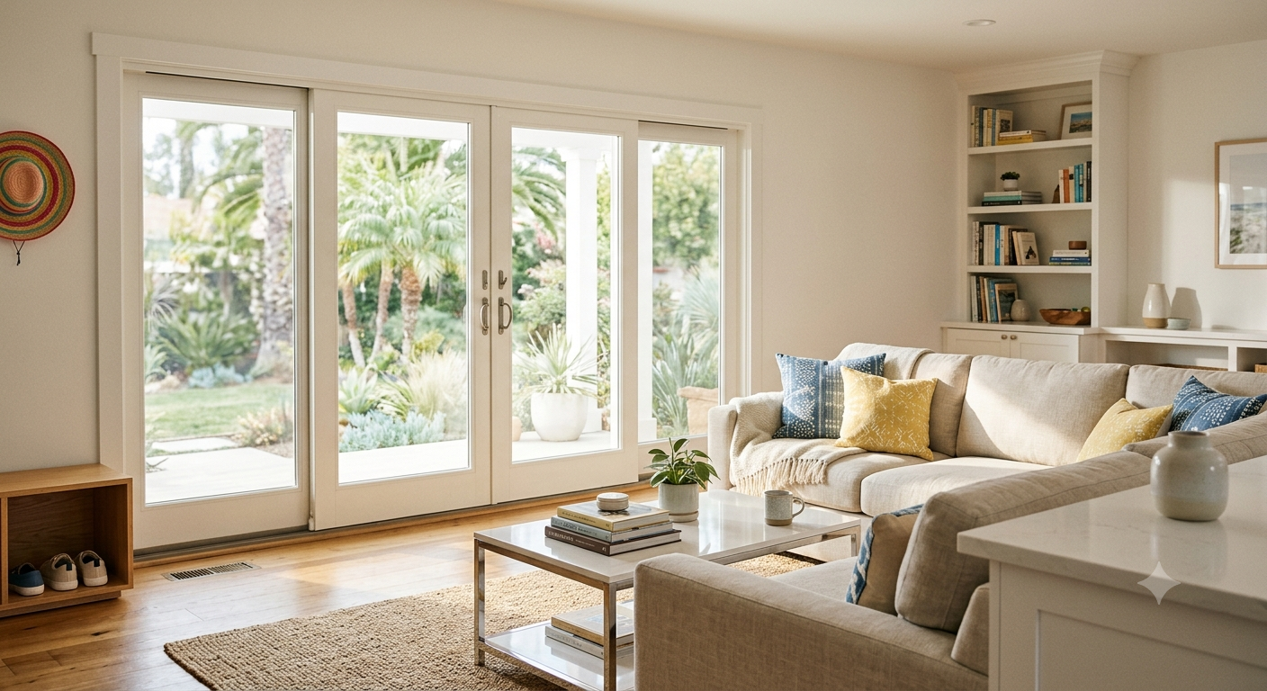A clean, sunlit Southern California living room representing a freshly tidied home for busy families in Orange County.