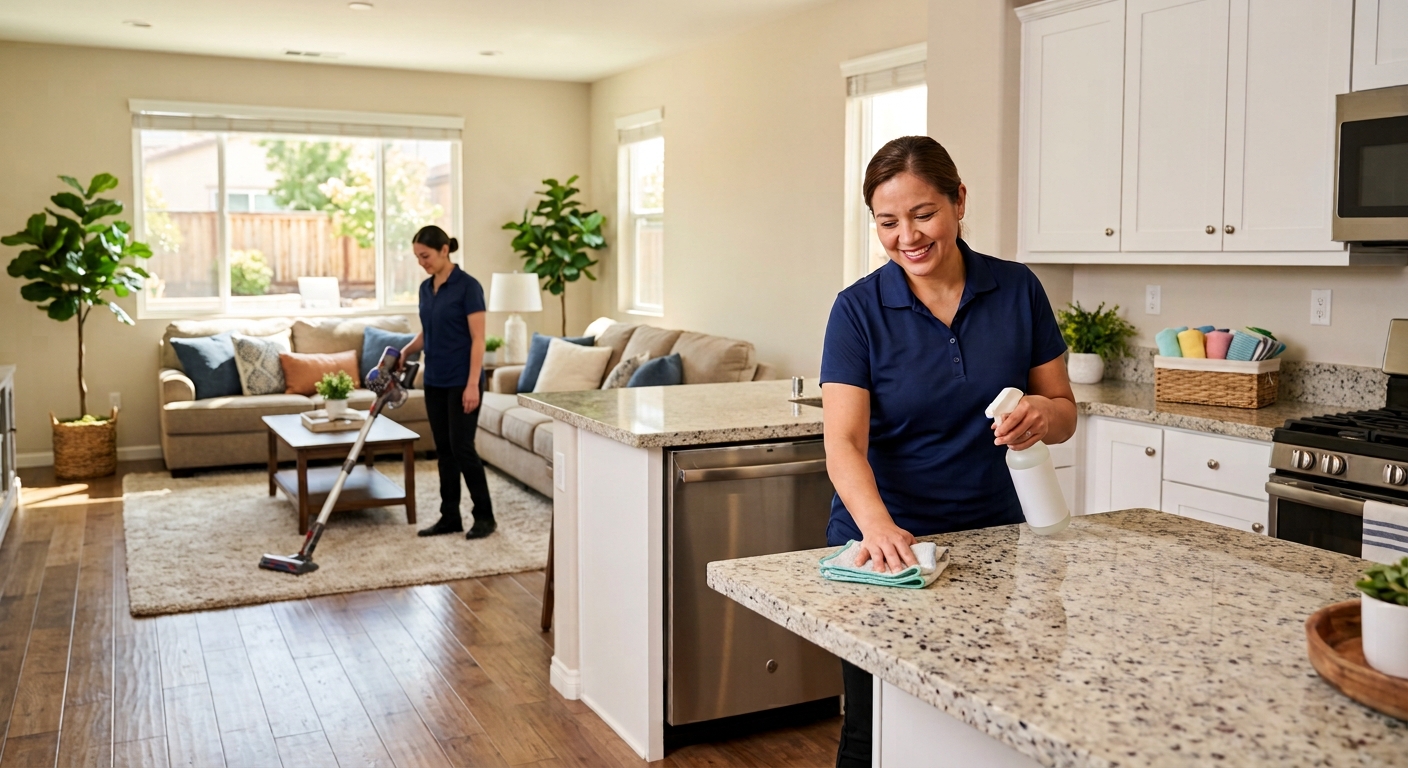 A clean well lit open plan home interior is seen with two house cleaners wearing blue shirts and black pants. One house cleaner wipes down a kitchen island. The other house cleaner vacuums the floor. White cabinets and stainless steel appliances are in the kitchen. In the distance a living room has a brown sofa and a large area rug. A large window provides a view of trees outdoors.