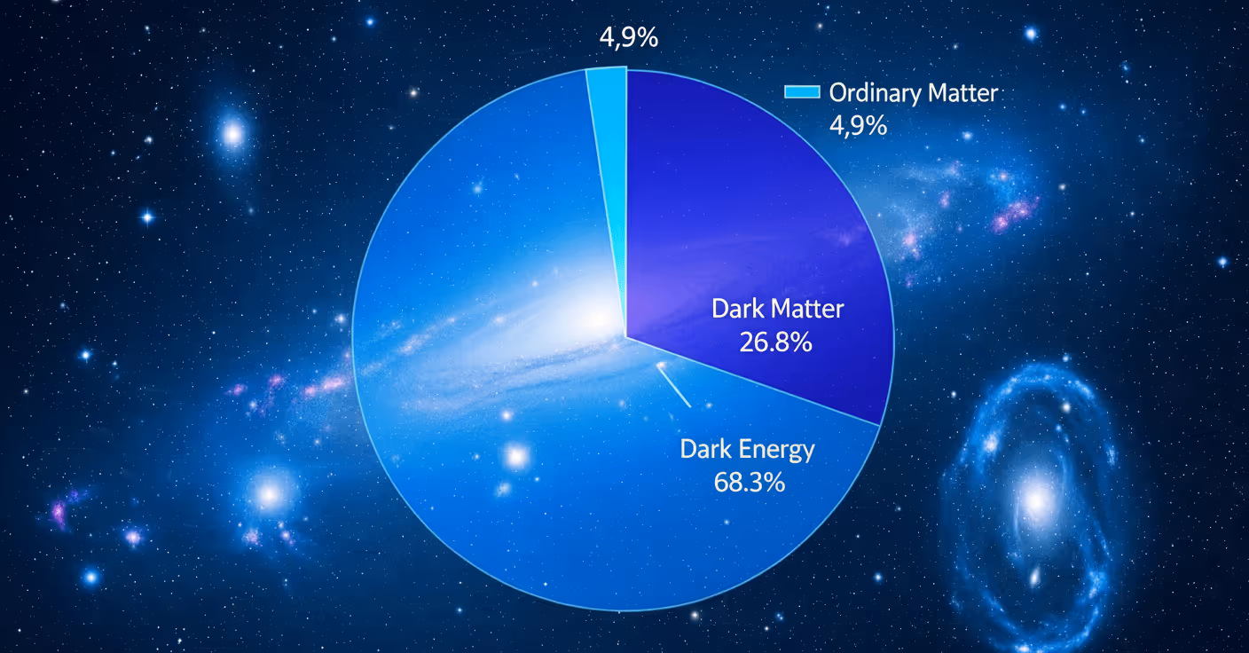 A semi-translucent pie chart in front of an image of a galaxy in the universe showing the percentages of dark matter, dark energy and ordinary matter