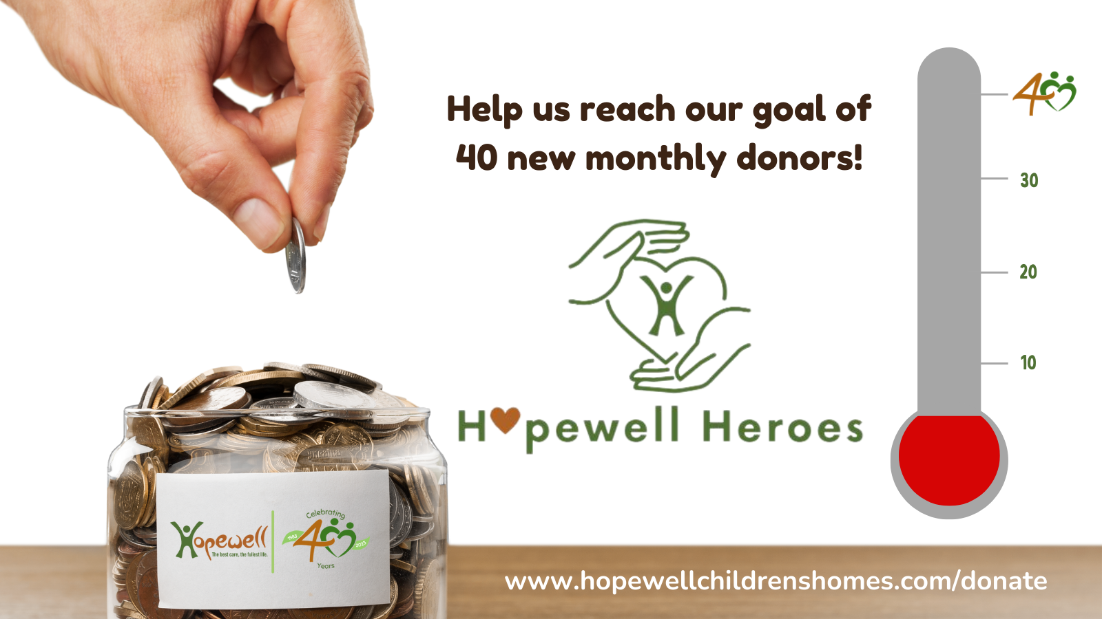 Help us reach our goal of 40 new monthly donors. Image of a thermometer and Hopewell Heroes Logo.
