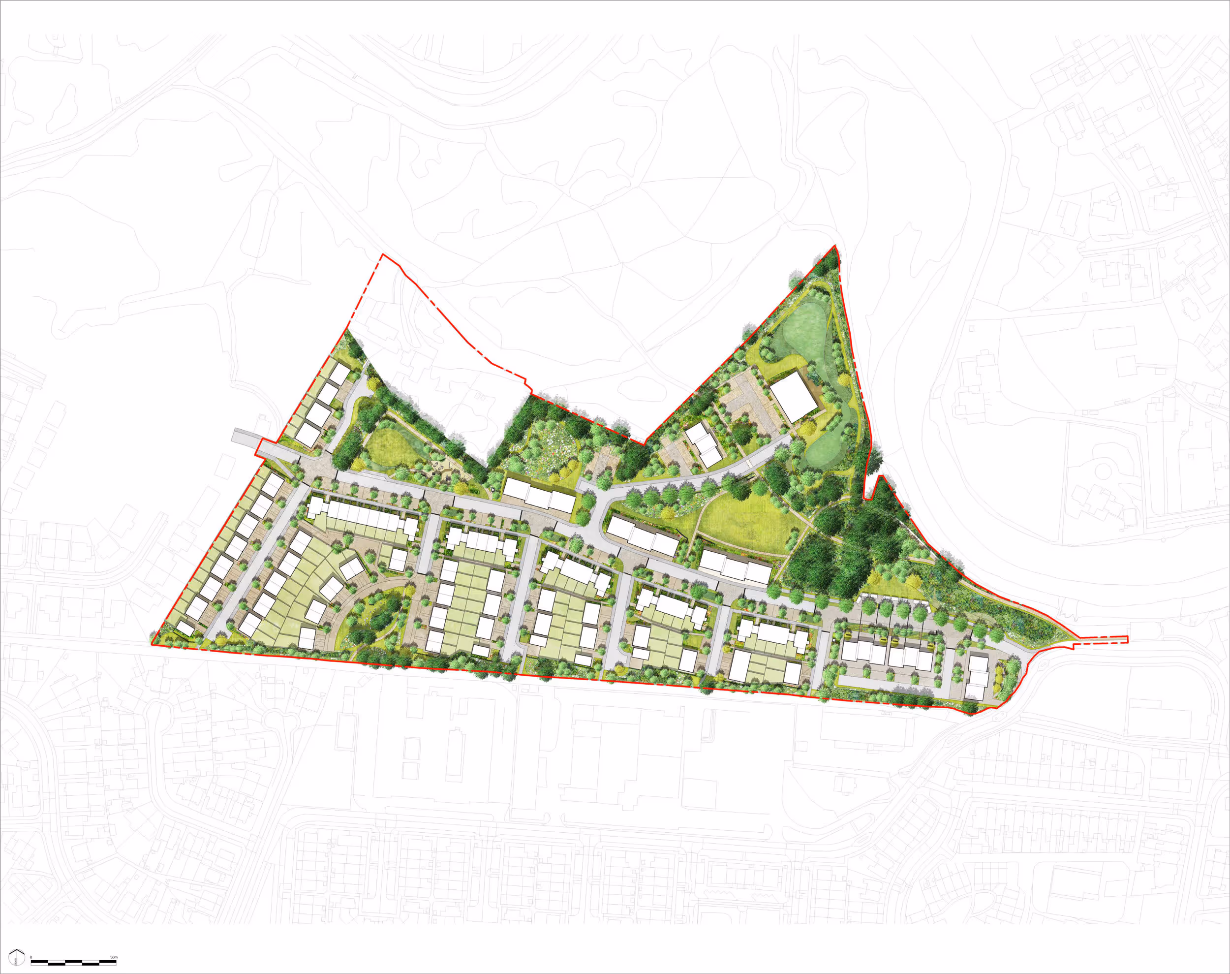 Color-coded site plan of a residential development with houses, roads, green spaces, and trees outlined by a red boundary line.