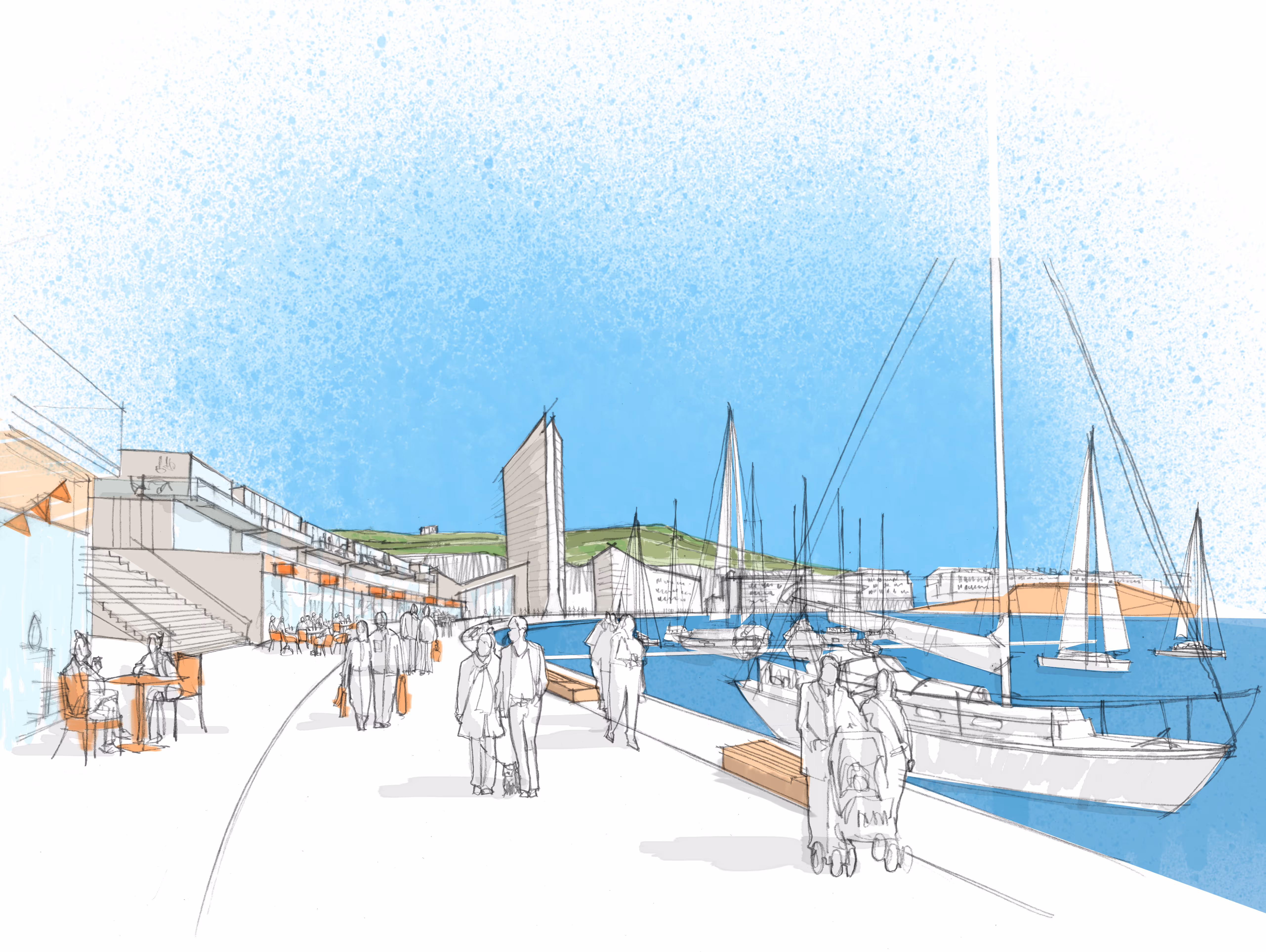 Sketch of a marina promenade with people walking and sitting, modern buildings on the left, and sailboats docked on the right under a blue sky.