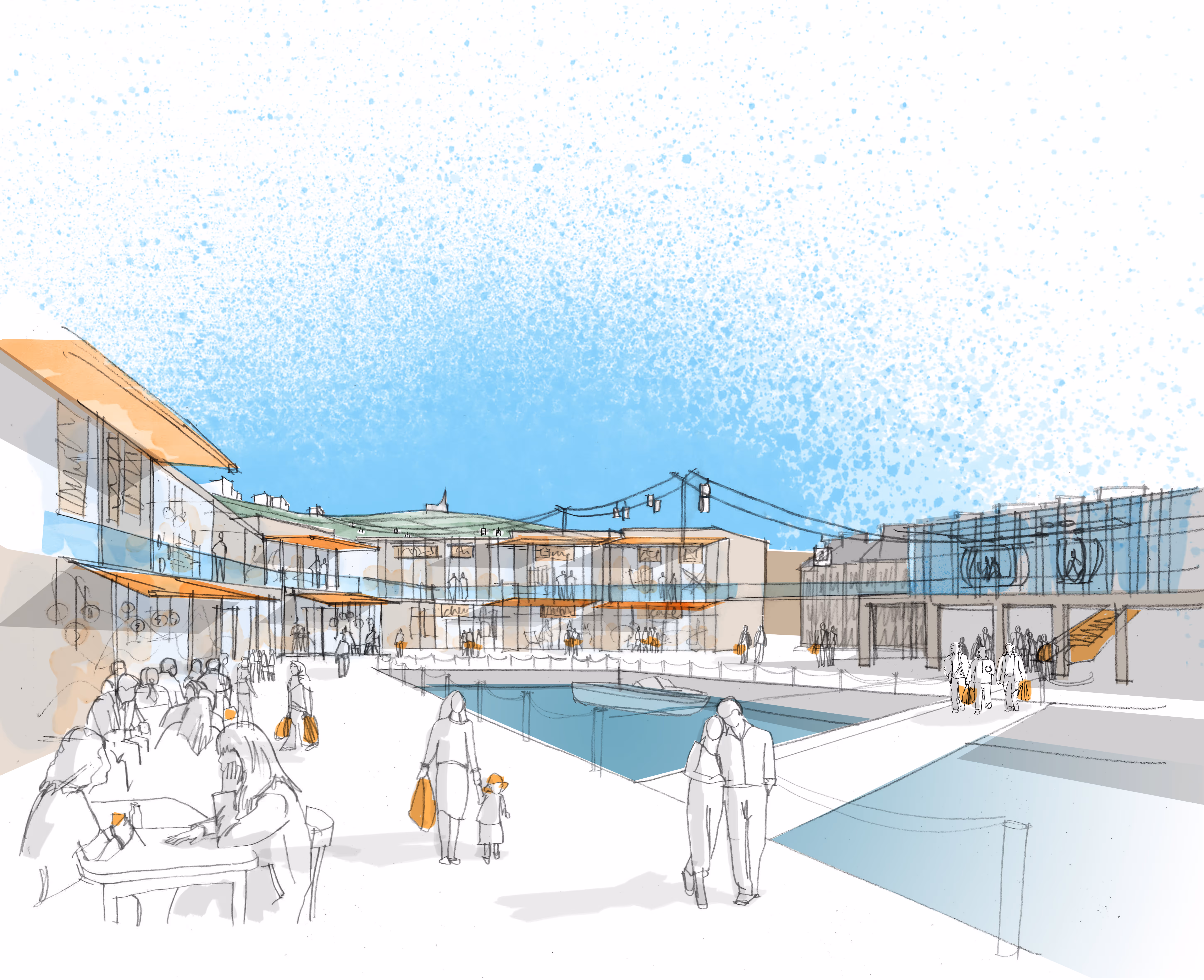 Architectural sketch of a modern outdoor shopping and dining area with people walking and sitting near a dock with a boat in the water.