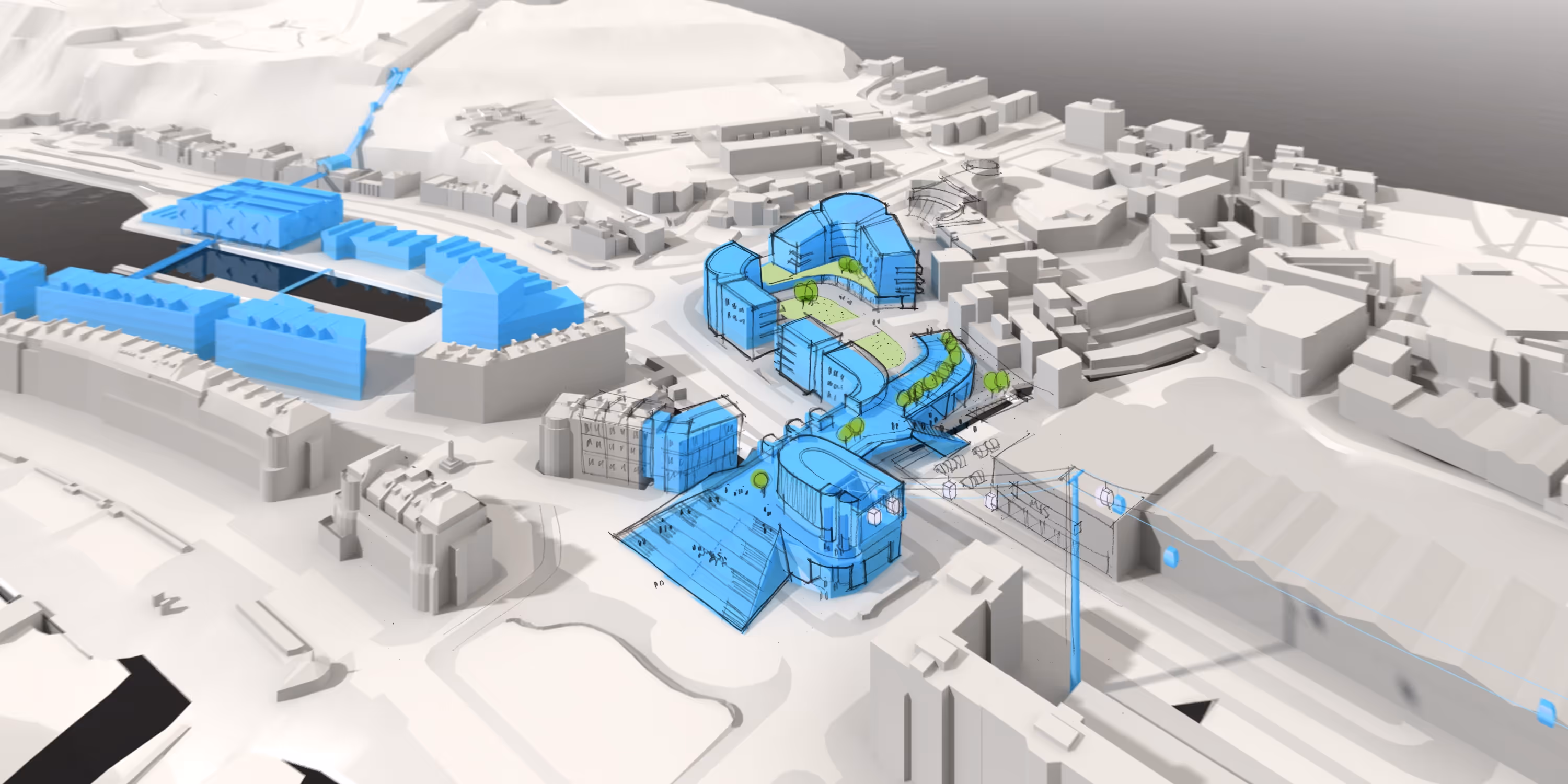 3D architectural model showing a city area with several blue-highlighted buildings and green trees scattered around pathways.
