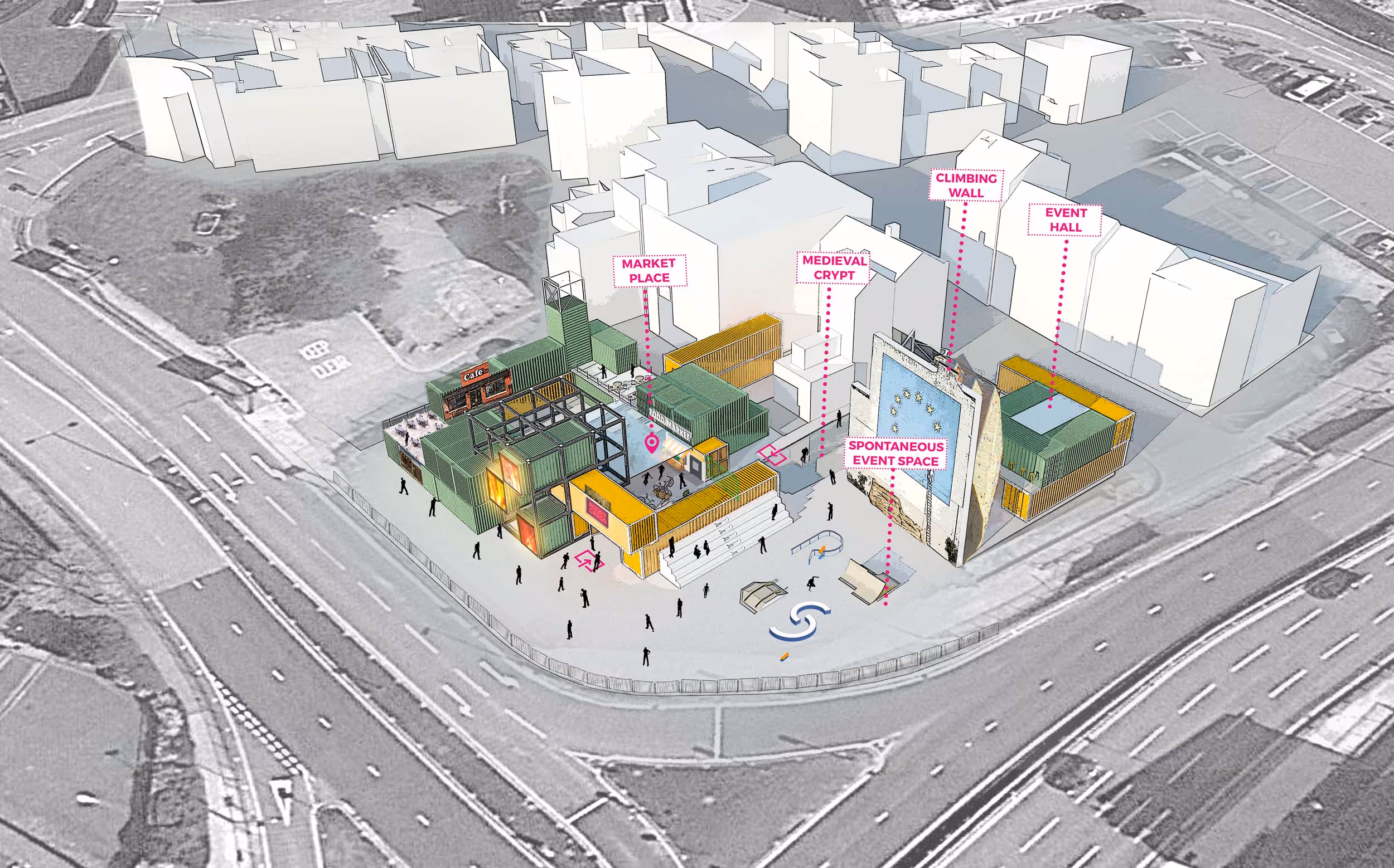 Architectural 3D model of a modern cultural complex with labeled areas: market place, medieval crypt, spontaneous event space, climbing wall, event hall, and cafe, surrounded by streets and parking.