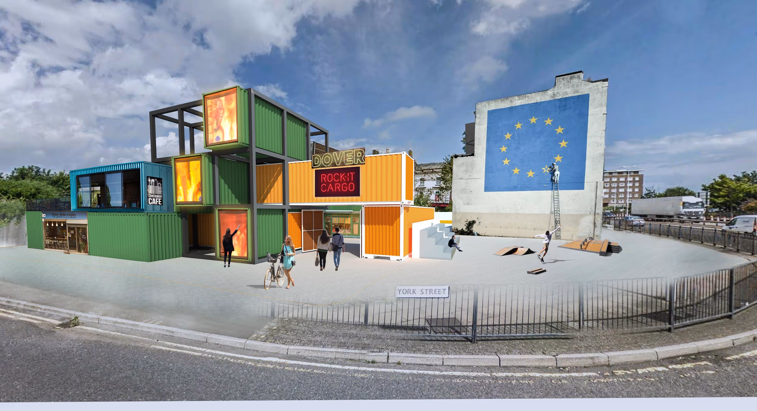Outdoor urban scene with colorful stacked shipping containers used as a cafe and retail space named Rockit Cargo, people walking and biking nearby, and a large mural of the European Union flag being painted on a building wall.