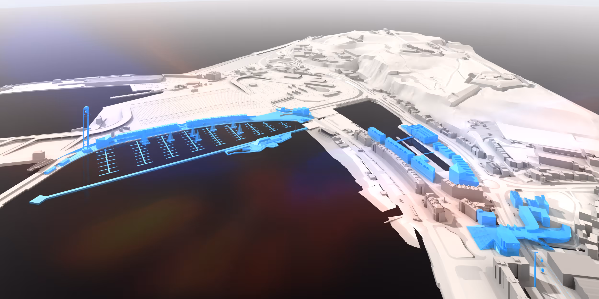 3D architectural model showing a coastal development with buildings and docks highlighted in blue along a waterfront.