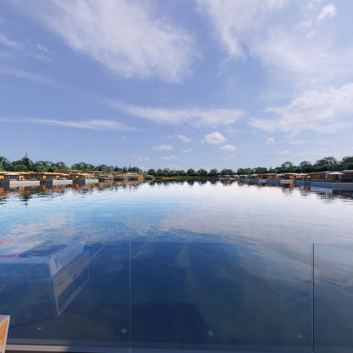 Calm lake surrounded by modern floating houses with trees and cloudy sky in the background.