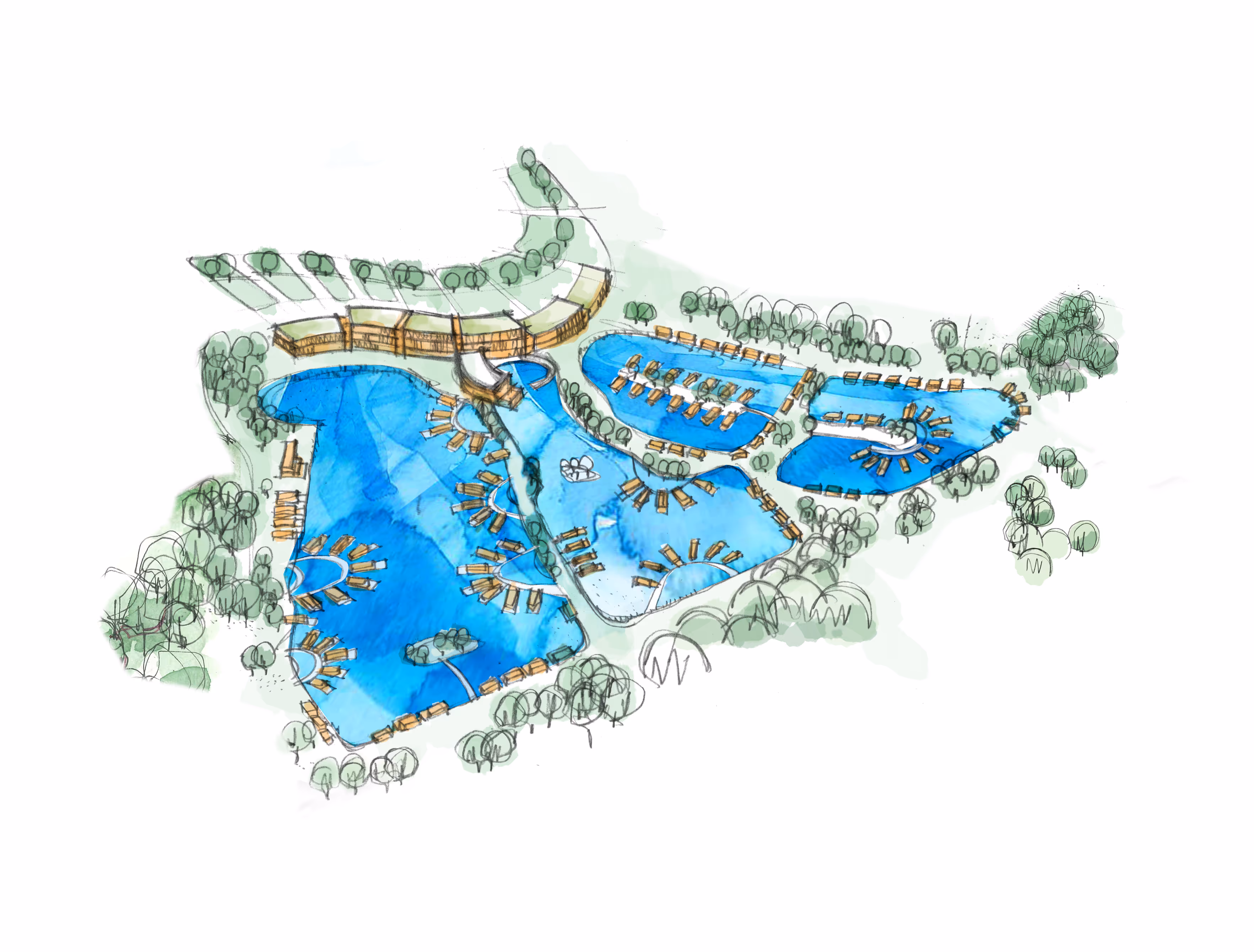 Concept sketch of a water resort with multiple blue pools shaped like lakes, surrounded by green trees and brown wooden structures.