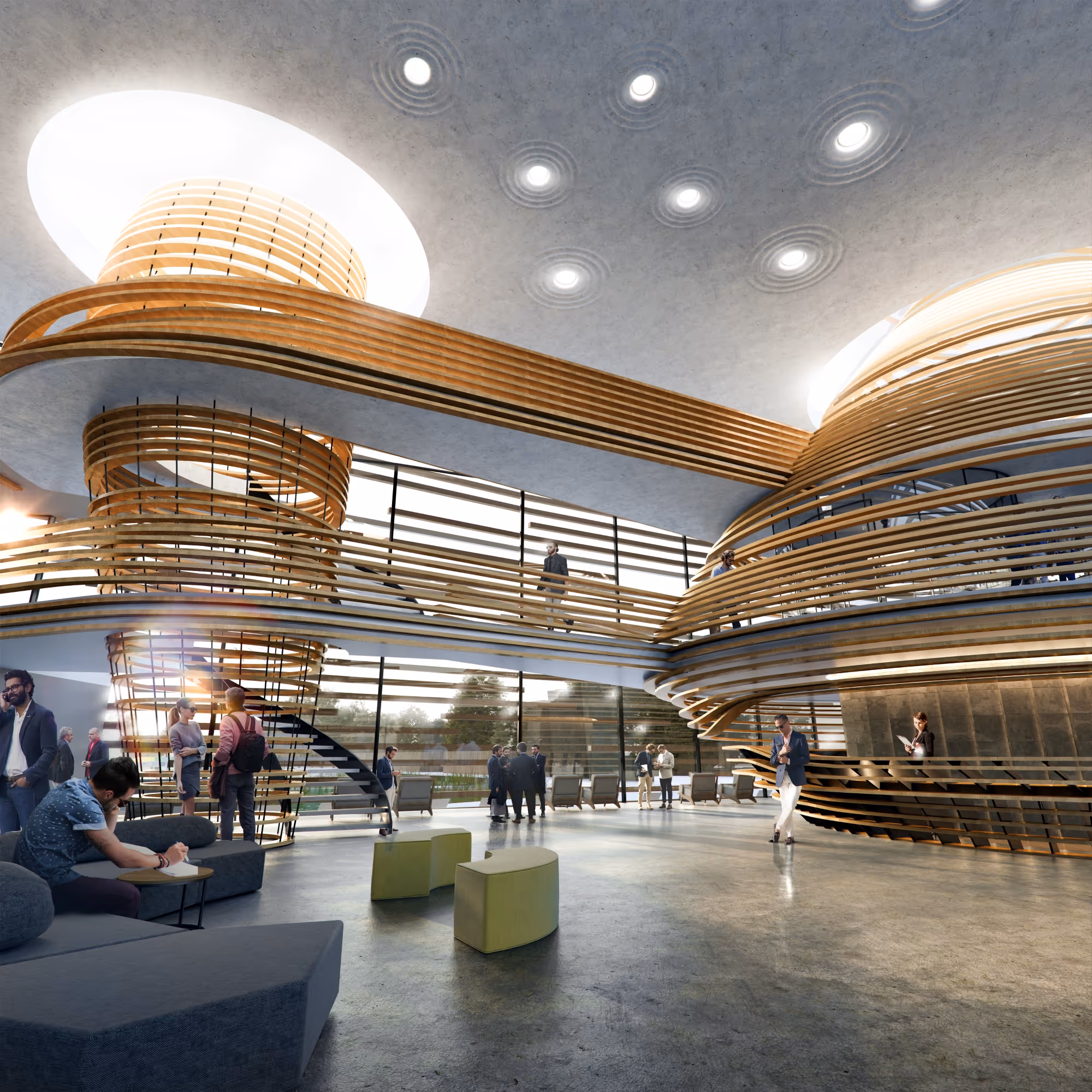 Spacious modern lobby with curved wooden architectural features, seating areas, people socializing, and large windows.