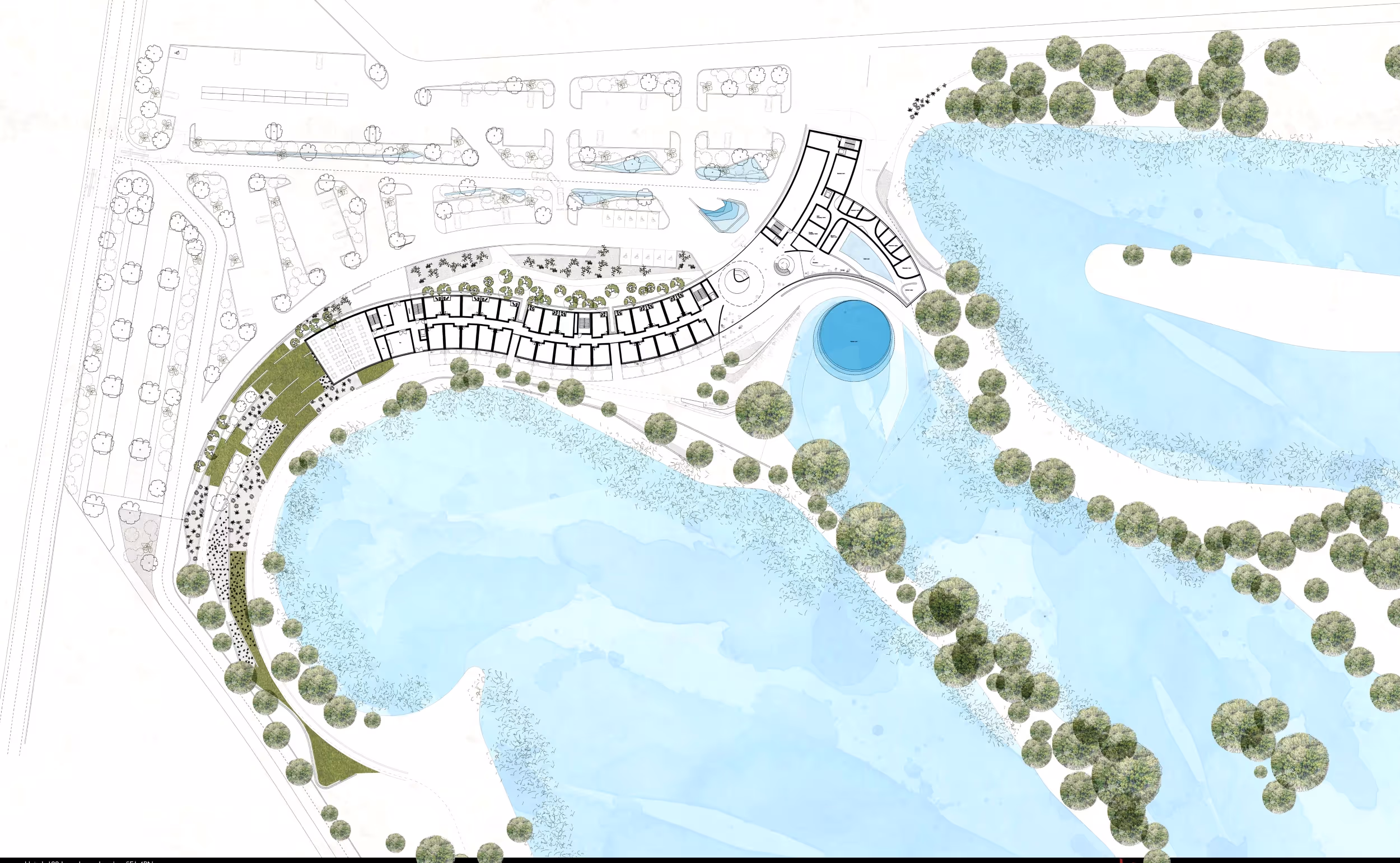 Architectural site plan showing a curved building layout adjacent to a large body of water with surrounding trees and parking areas.