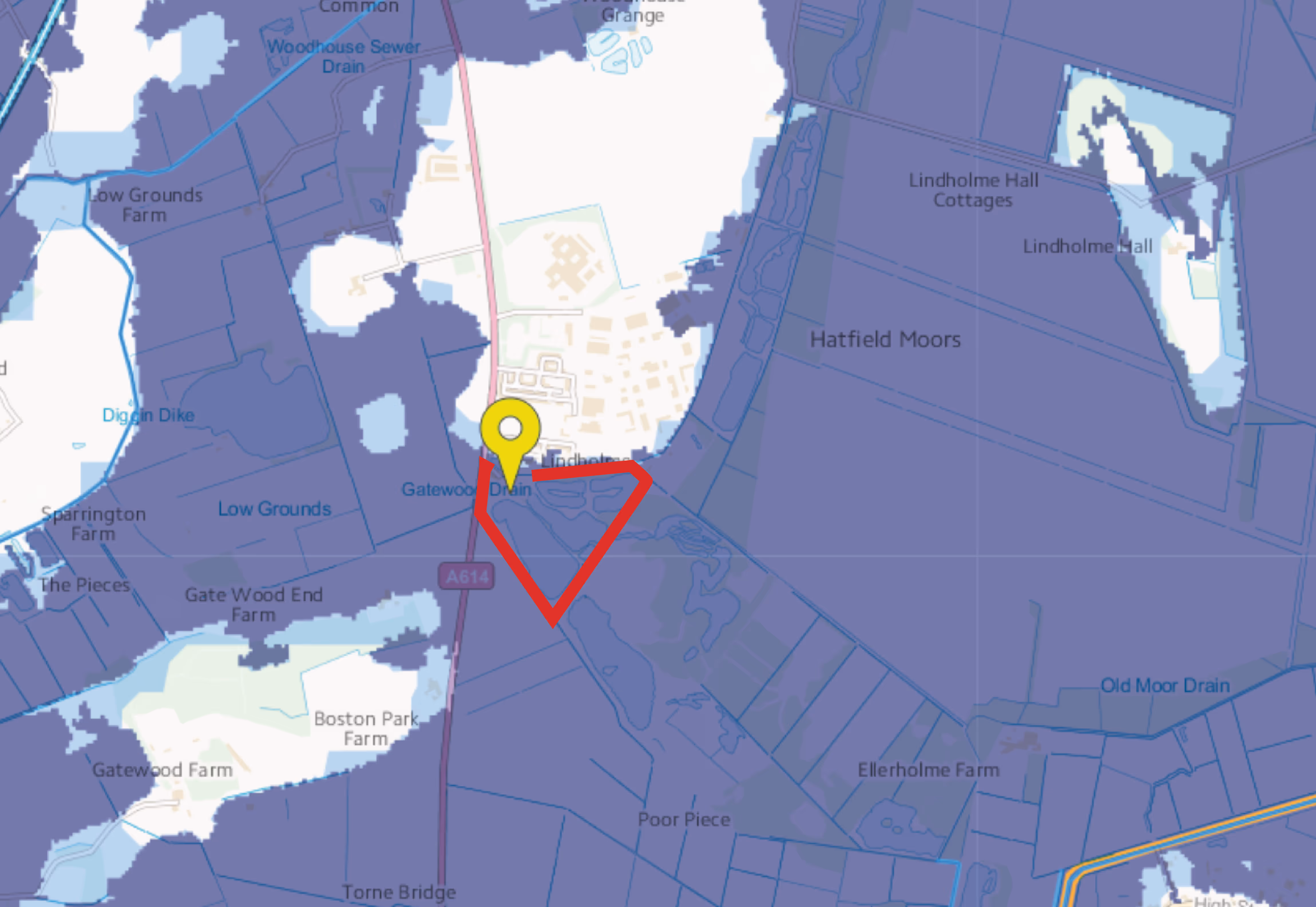 Flood risk map highlighting areas around Lindholme Hall, Hatfield Moors, and nearby farms with a red triangular boundary and a yellow location marker near Gatewood Drain.