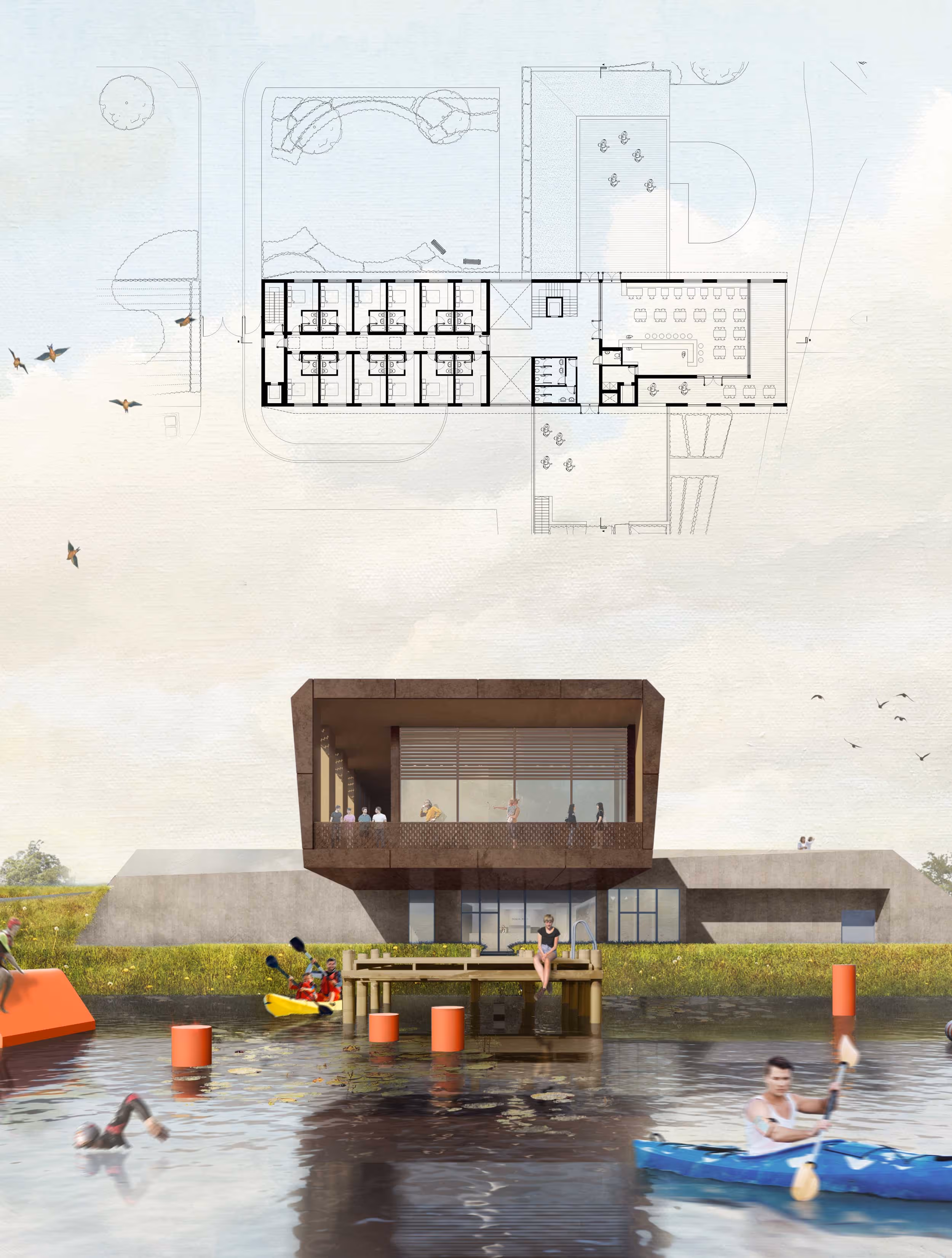 Modern building with a cantilevered upper level facing a lake where people kayak, swim, and sit on a wooden dock beneath scattered orange buoys.