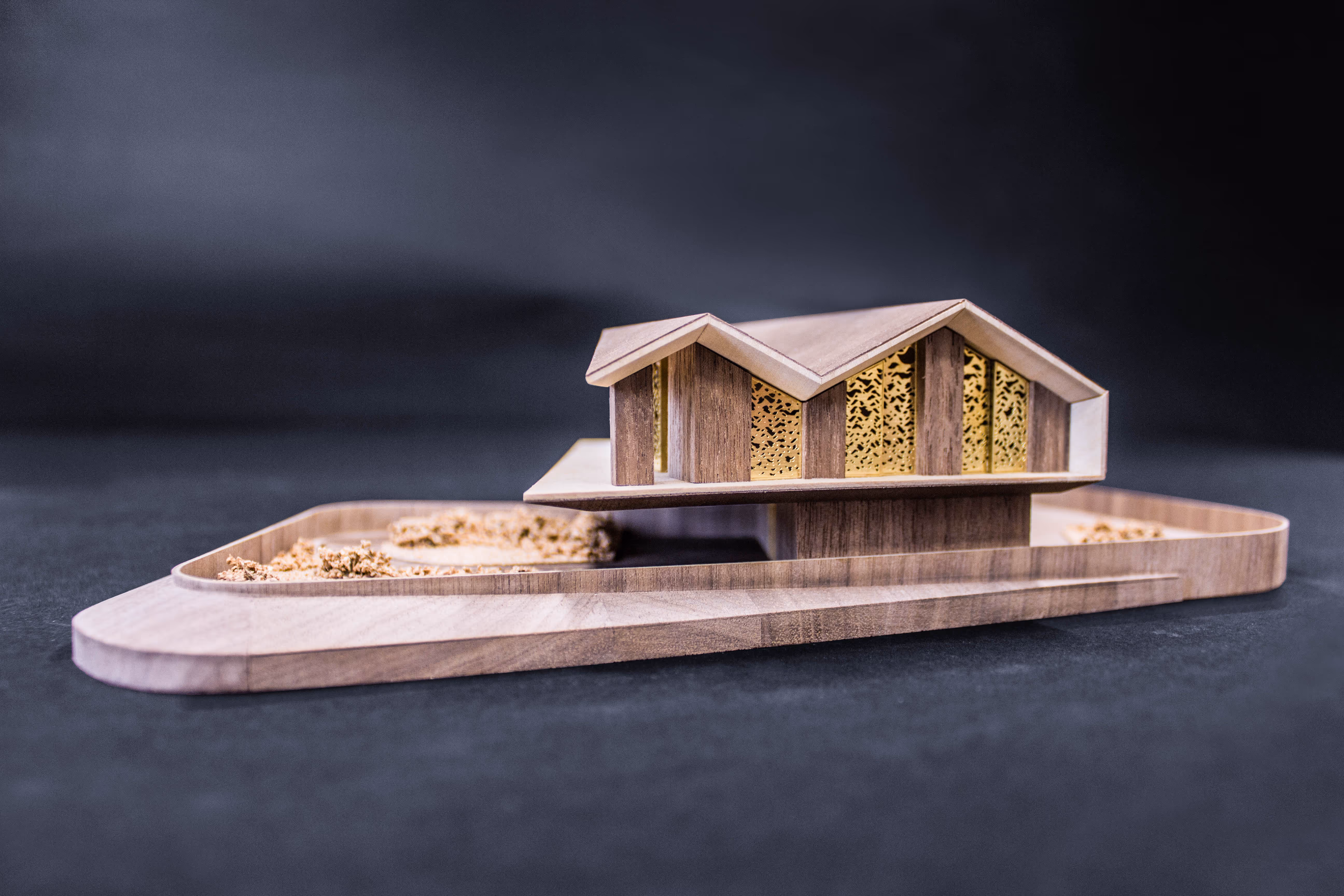 Architectural wooden model of a modern house with a slanted roof and decorative yellow panels.