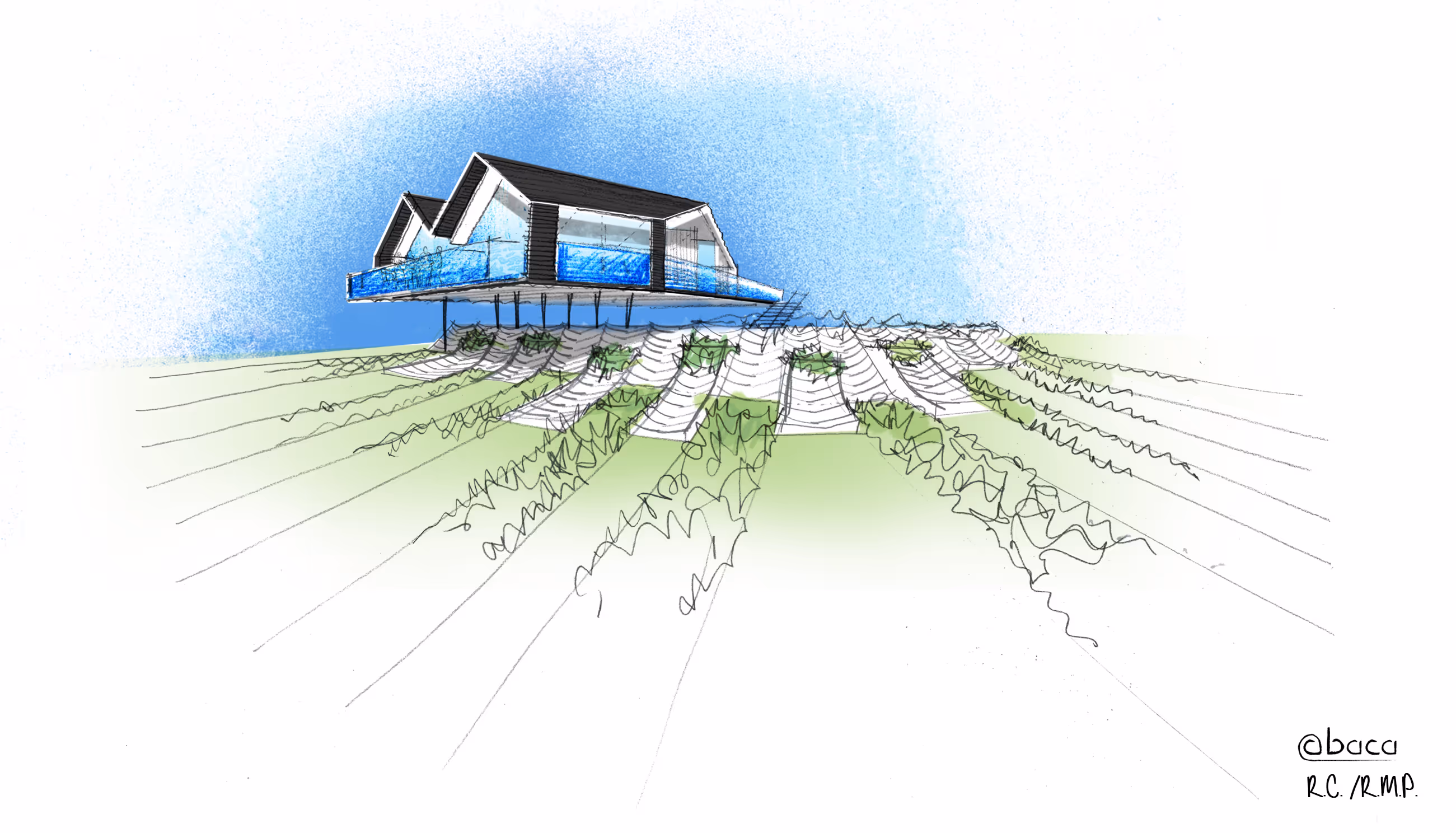 Sketch of a modern house elevated on stilts above terraced green fields under a blue sky.