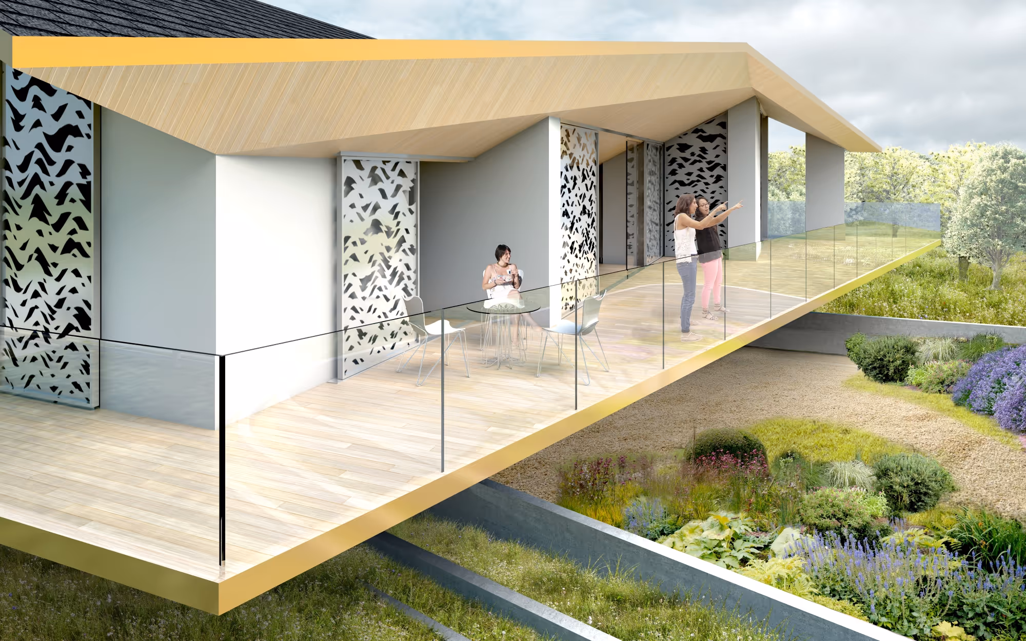 Modern terrace with wooden ceiling and glass railing overlooking a lush garden, featuring one woman sitting at a glass table and two women standing and pointing into the distance.