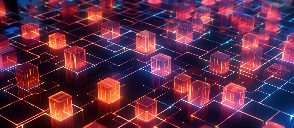 A series of cuboid arraged in a grid as blocks connected on the blockchain