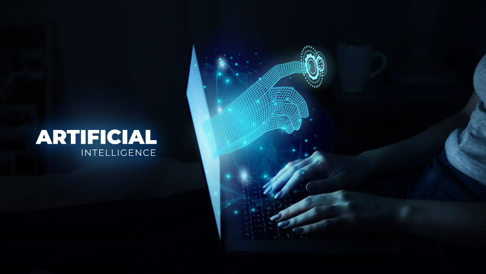 A laptop that has an light coming out showing magical interaction between user and keyboard.