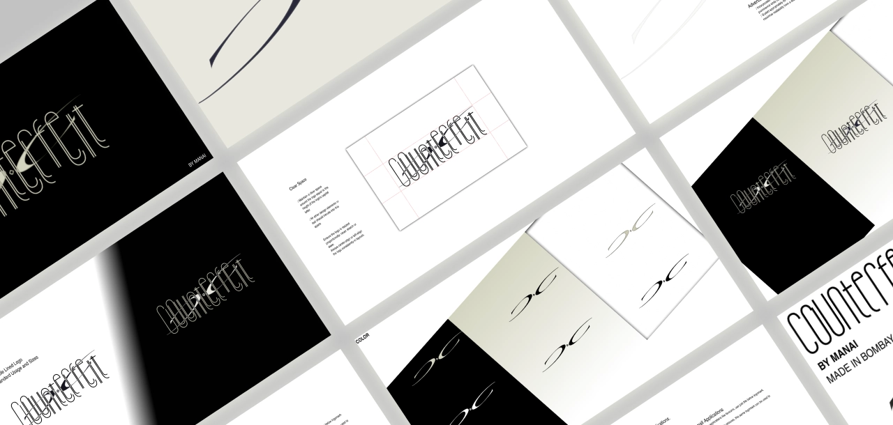 Overhead view of angled branding design sheets showing the word 'Counterfeit' in a stylized thin font on black and white backgrounds.