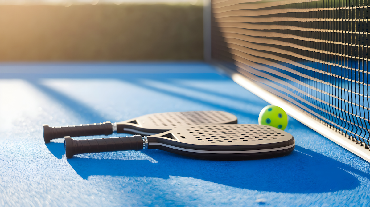 Two pickleball paddles and a yellow pickleball with blue holes resting on a blue court near a net in sunlight.