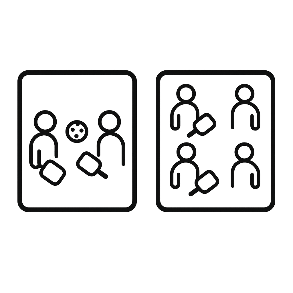 Black outline showing Pickleball is played in singles or doubles with stick-figures 