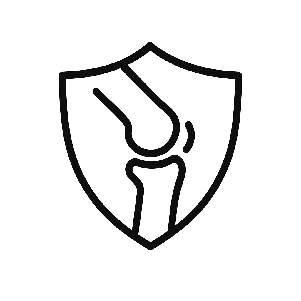 black outline of a shield with a knee joint inside, showing that pickleball has less wear and tear