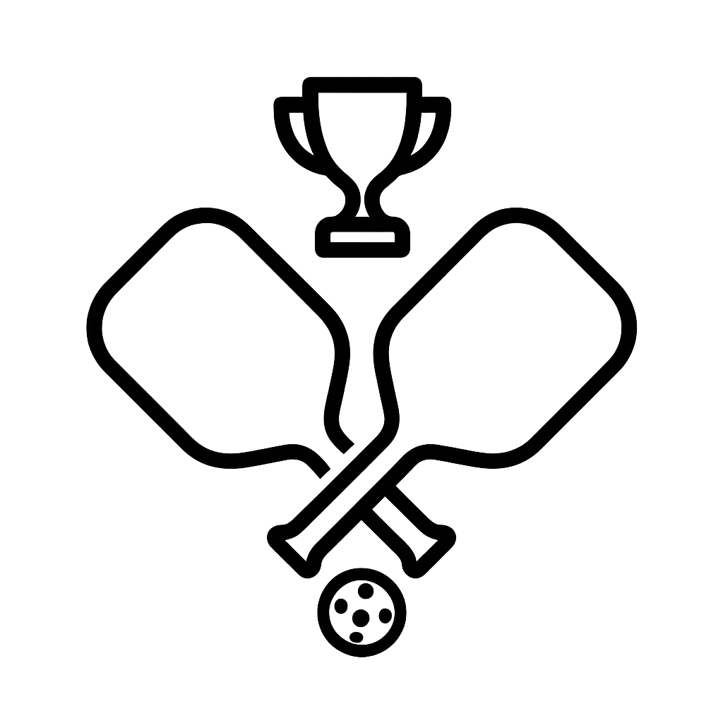 black outline of two pickleball paddles crossed and a trophy above it symbolising pickleball is fun and competitive