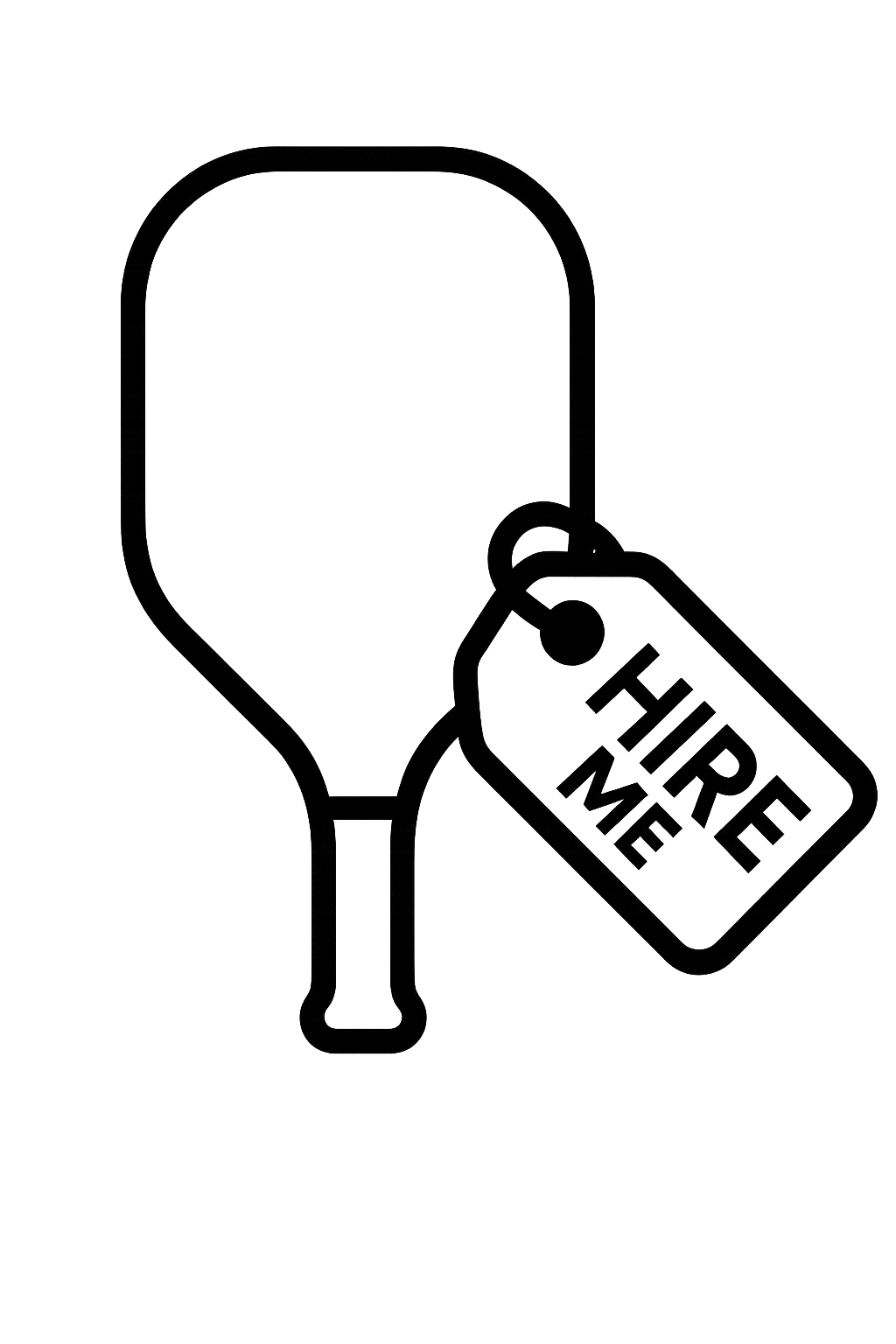 a white outline of a pickleball paddle with a tag saying hire me