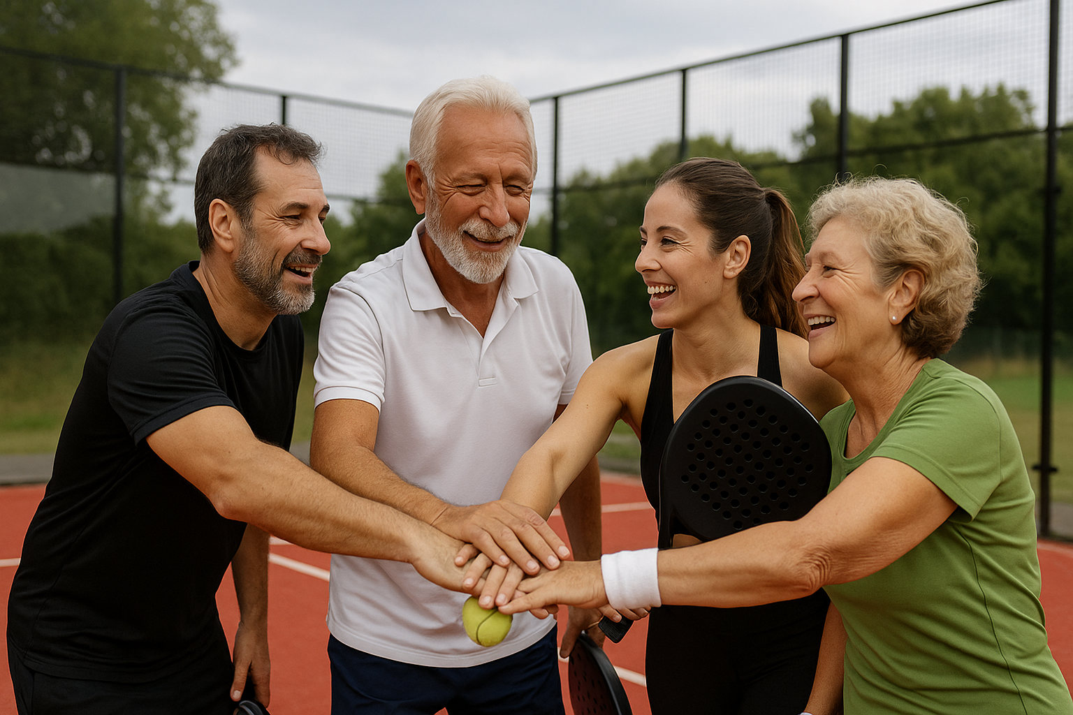 A group photo of all ages and background with a coach and their hands in the middle