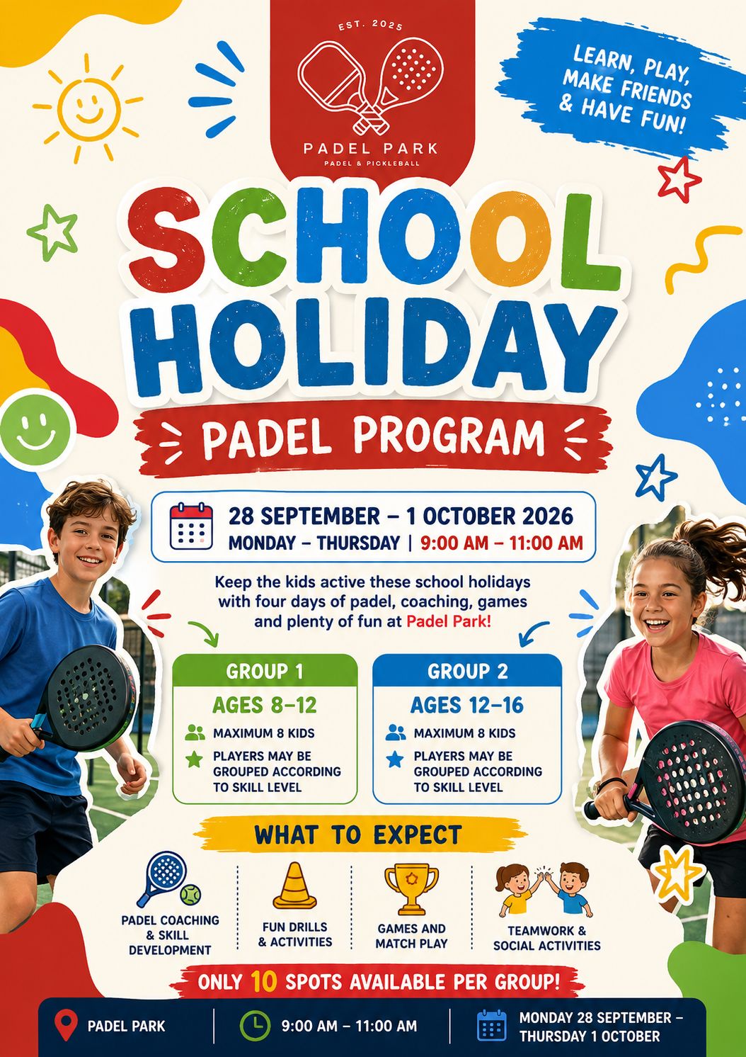 Padel Park School Holiday Program - Ages 8-16 - 28 Sept to 1 Oct 2026