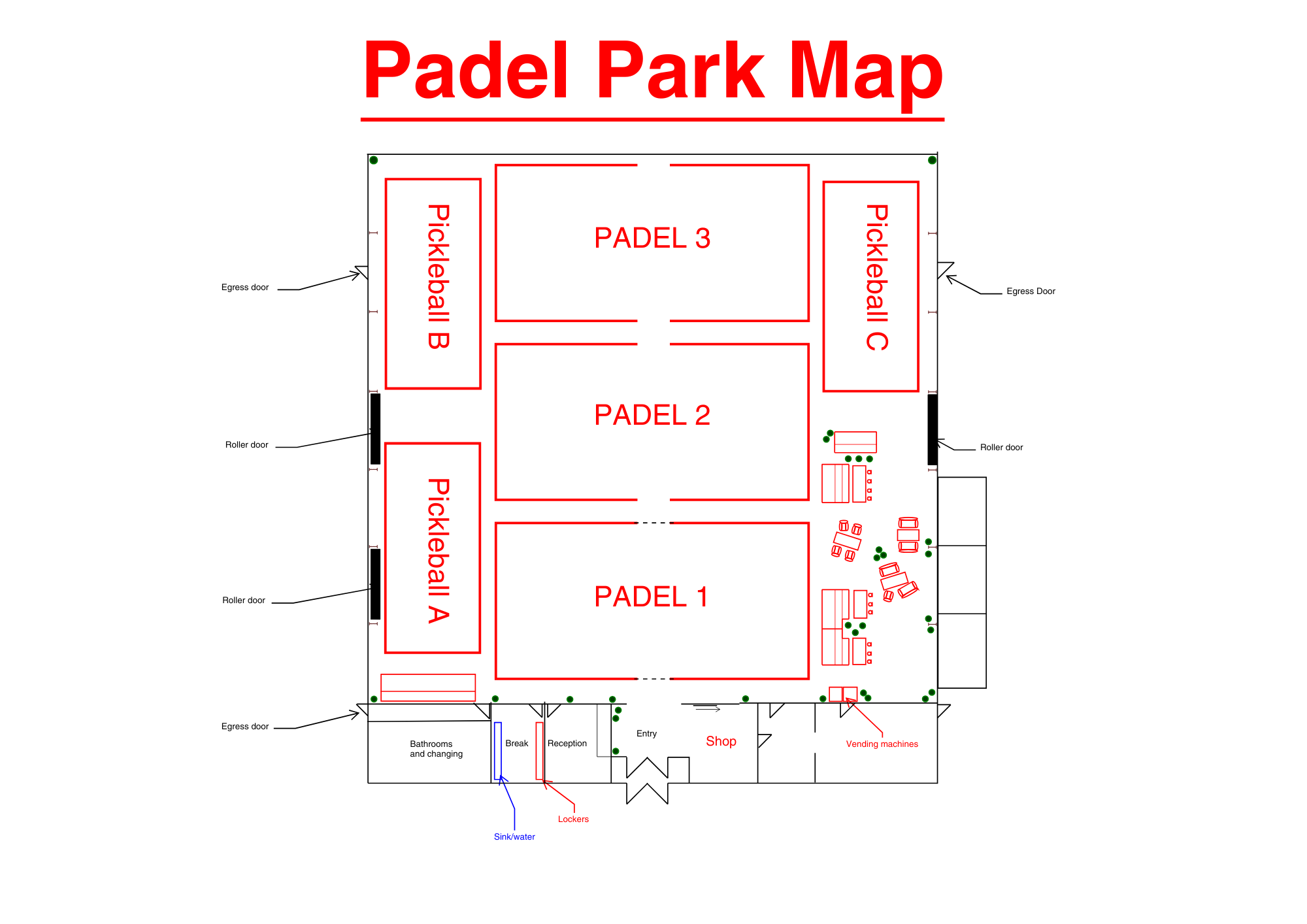 Padel Park Hamilton facility map - 3 padel courts, 3 pickleball courts, reception, pro shop and vending