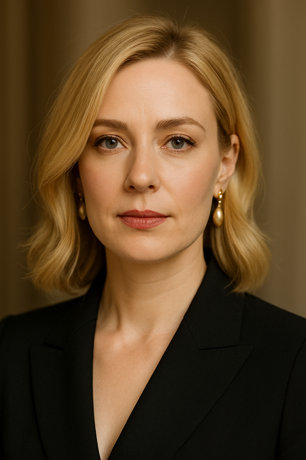 Blonde woman with light makeup wearing a black blazer and gold earrings against a brown background.