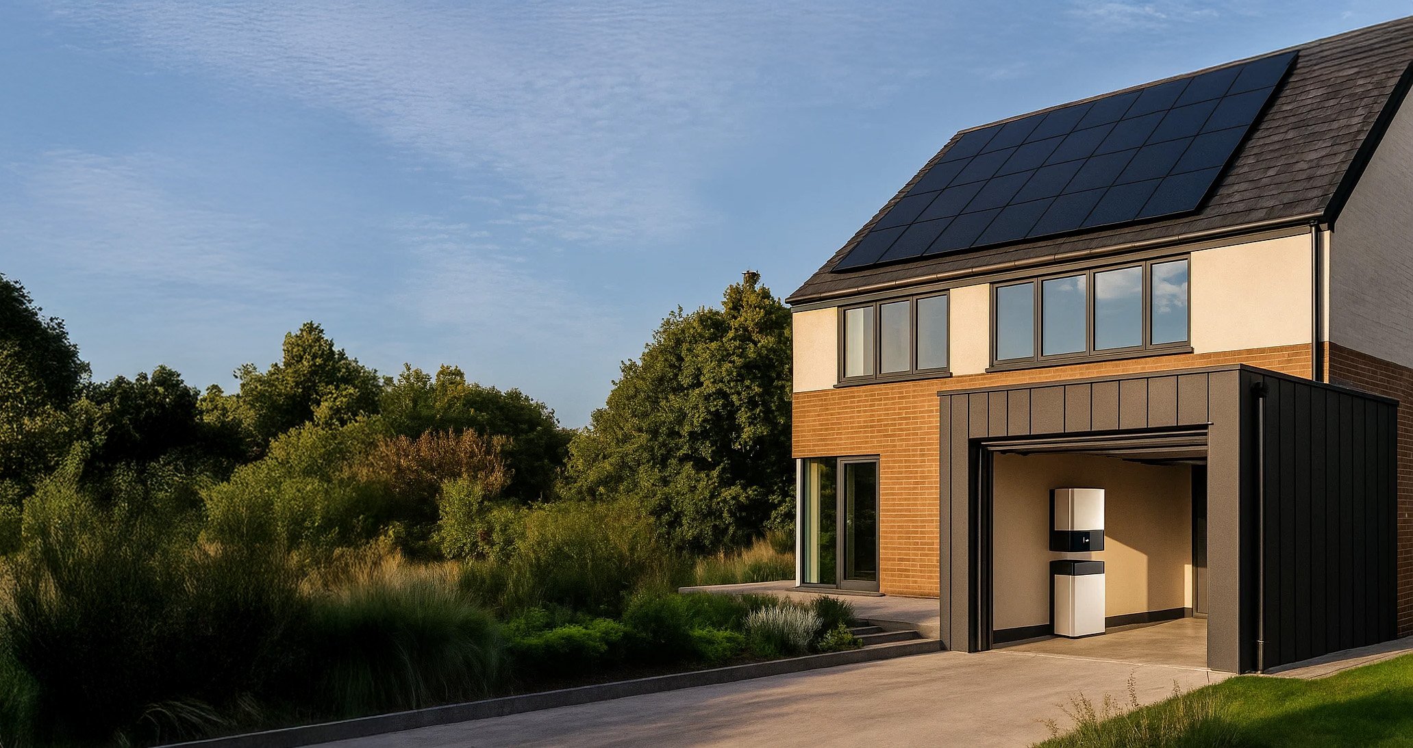 Modern two-story house with solar panels on the roof and a black garage with an electric vehicle charger inside, surrounded by greenery.