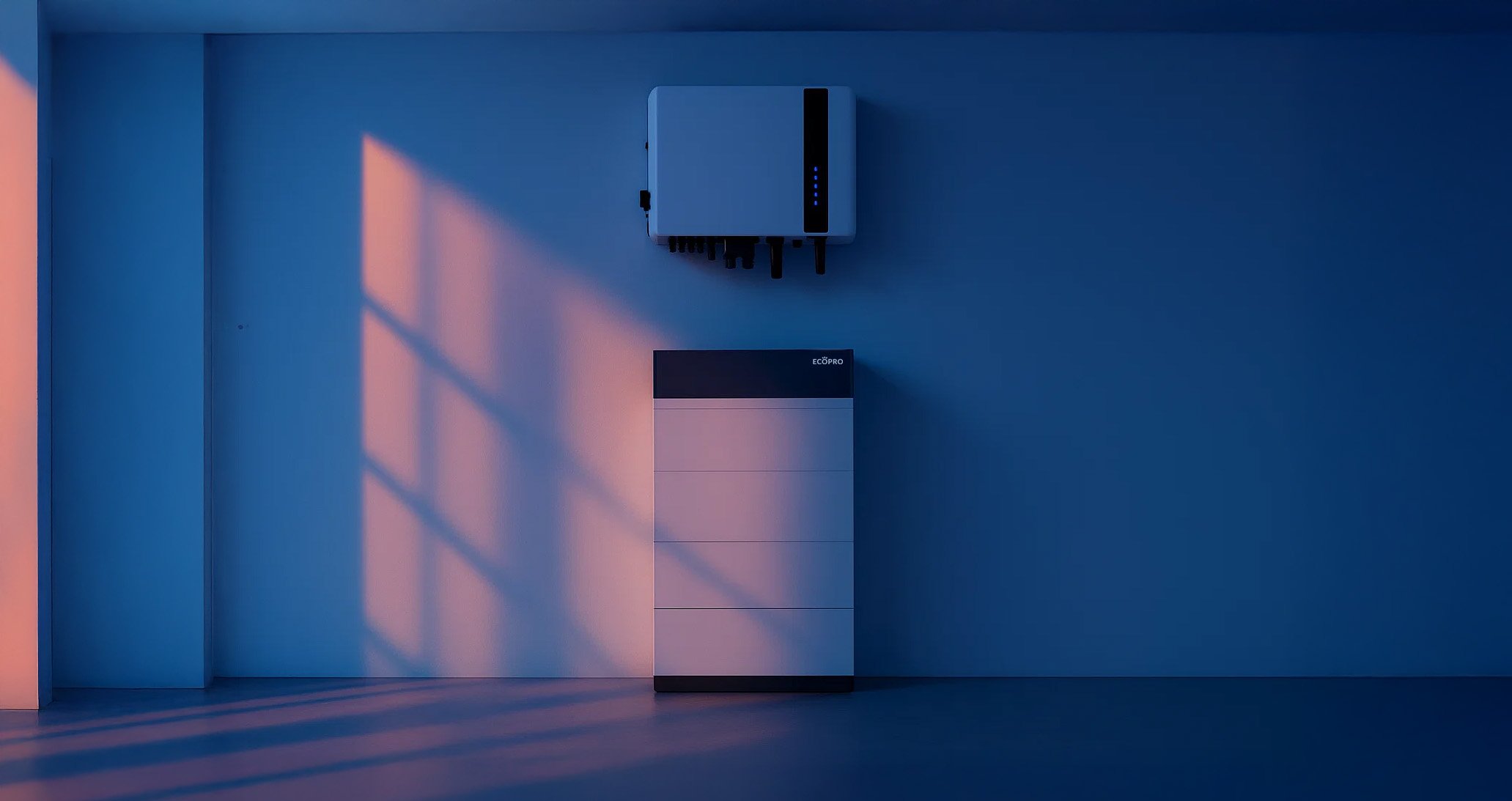 Modern battery storage system with wall-mounted inverter and battery unit on floor, bathed in soft blue and orange light from window shadows.