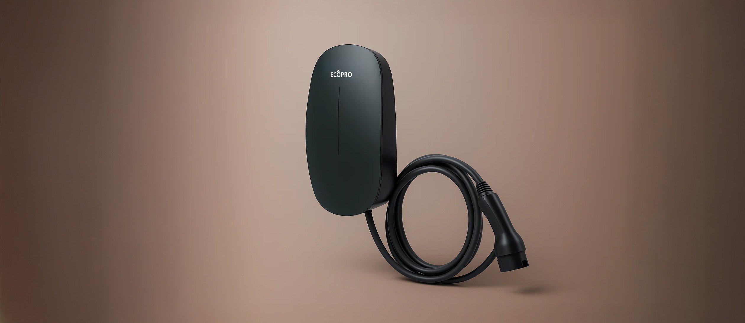 Black ECOPRO electric vehicle charging cable with wall-mounted connector on a brown gradient background.