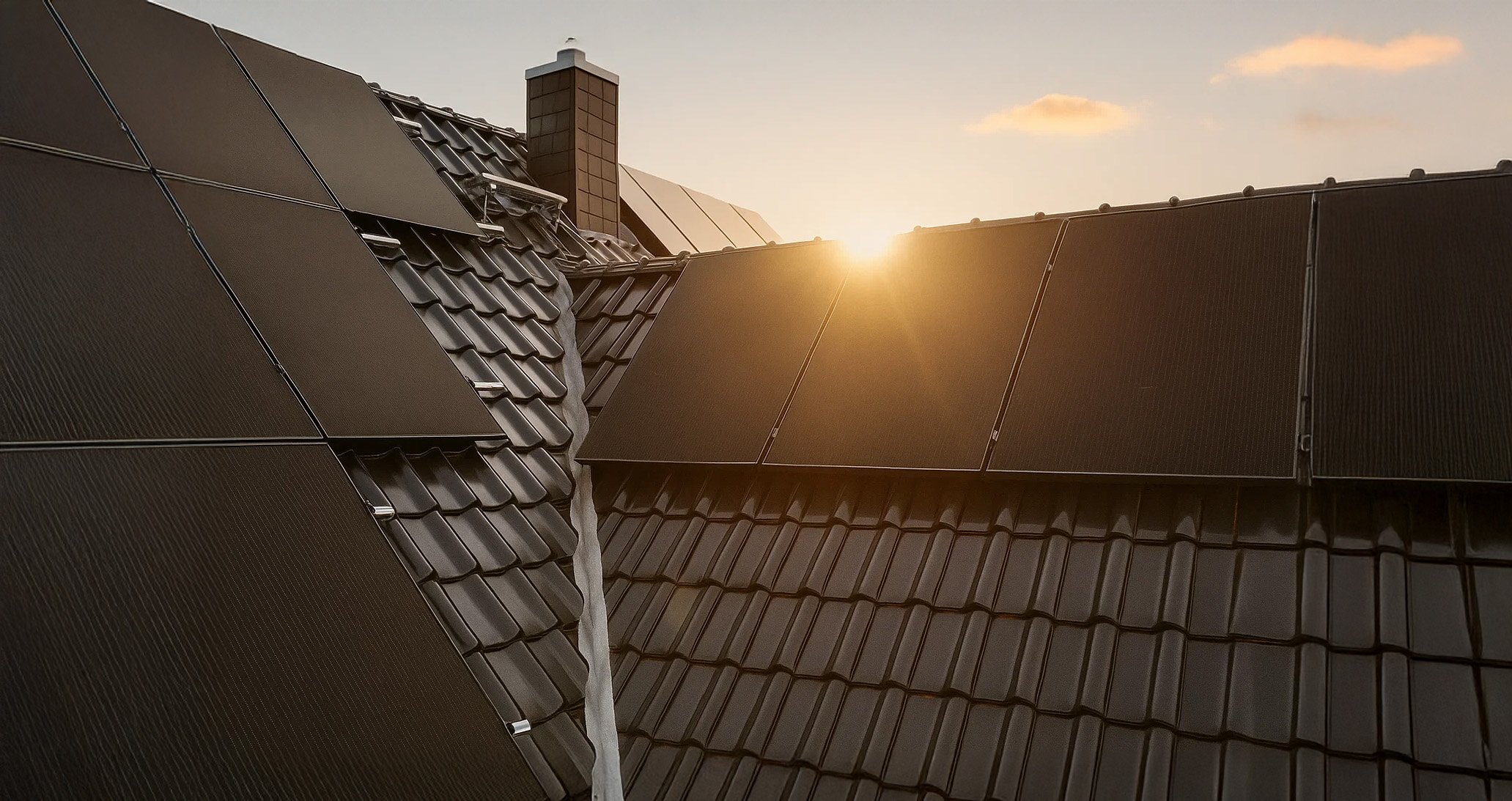 Solar panels installed on dark-tiled roof with sun setting in the background.