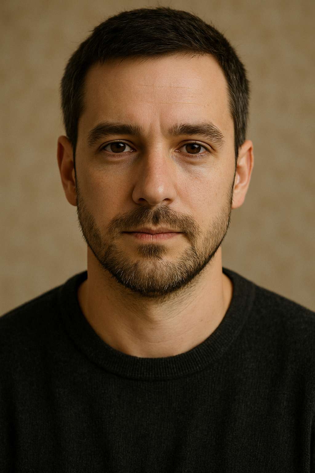 Close-up portrait of a man with short dark hair and beard wearing a dark sweater against a soft brown background.