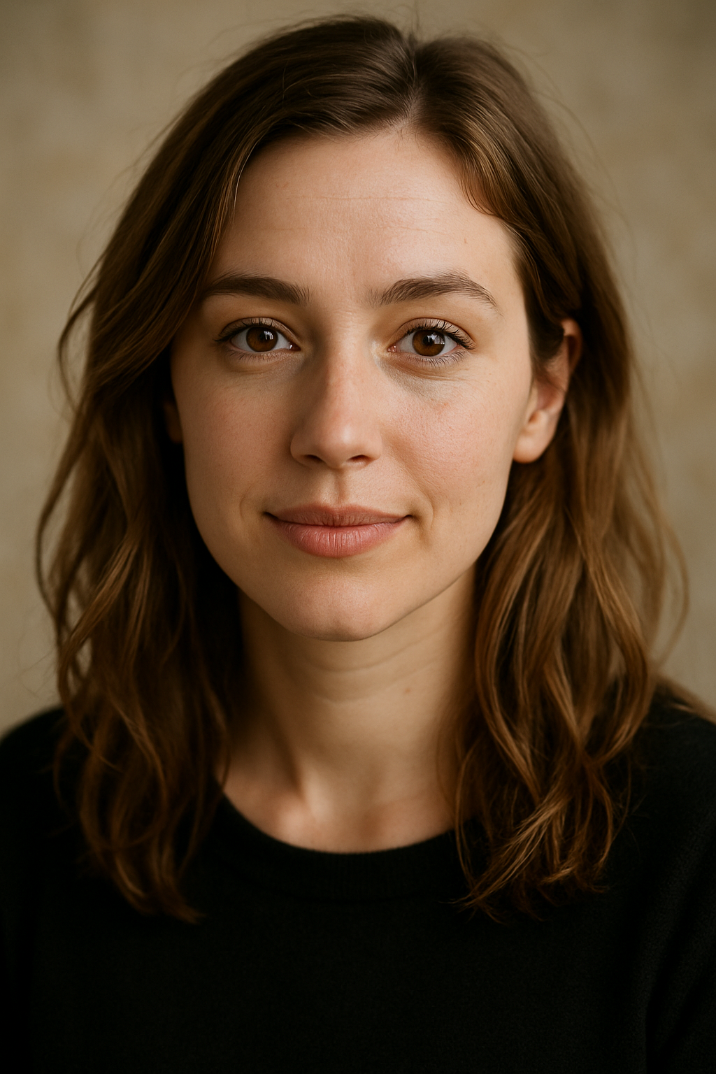 Close-up portrait of a young woman with brown hair and brown eyes wearing a black top, looking calmly at the camera.