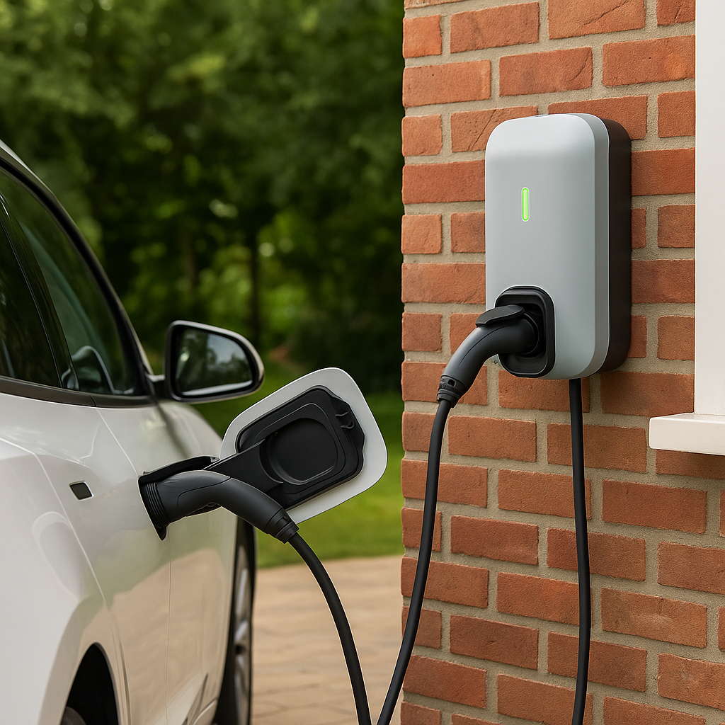 White electric car charging at a wall-mounted charging station with a green indicator light.