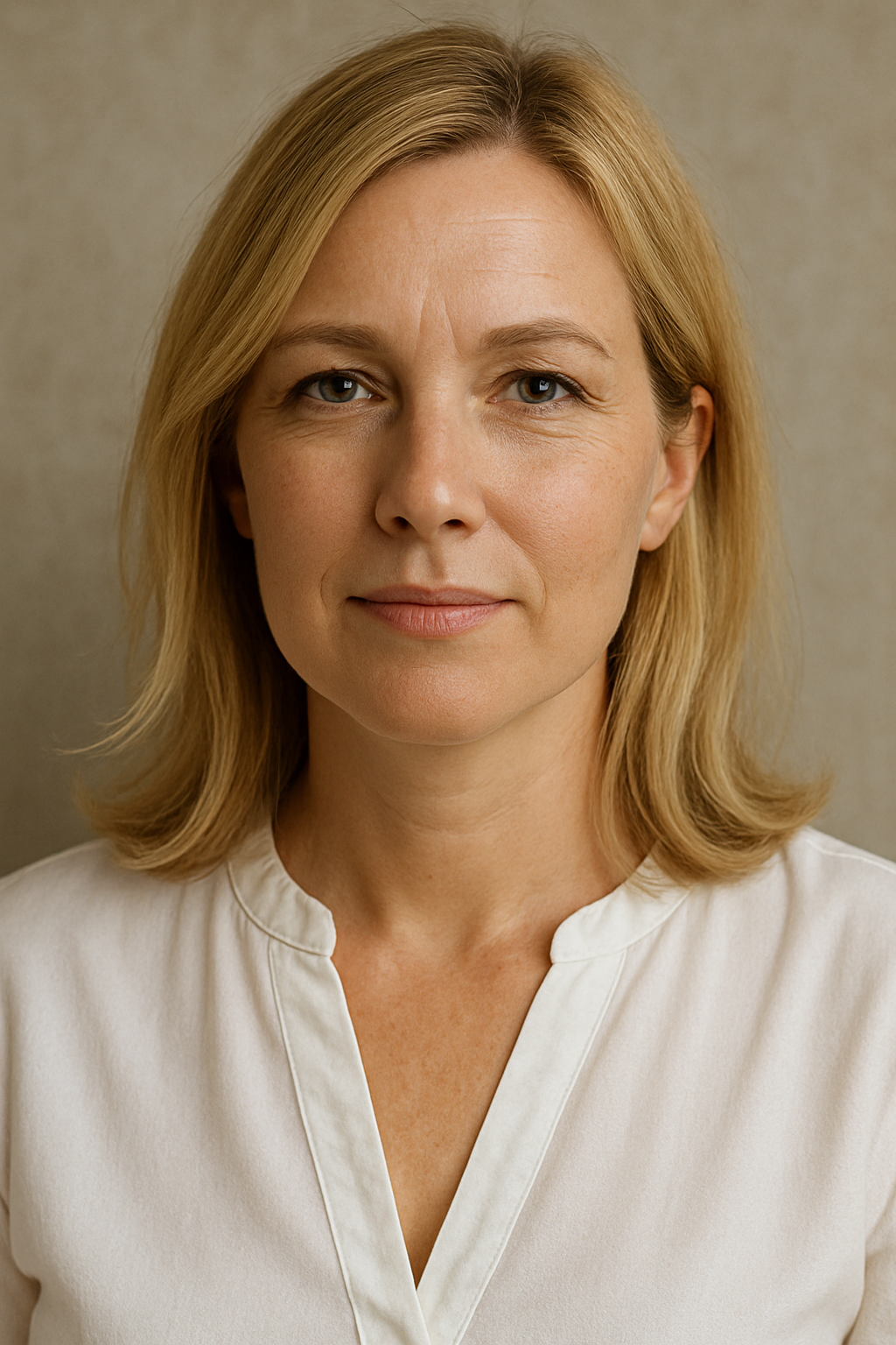 Portrait of a middle-aged woman with blonde hair wearing a white blouse against a neutral background.