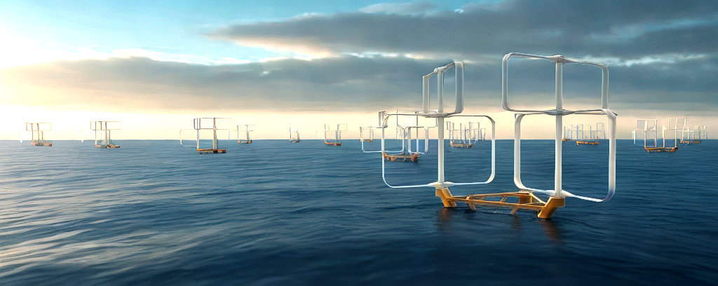 Bluetwin floating dual-vertical-axis turbines deployed across an offshore wind farm under dramatic sky