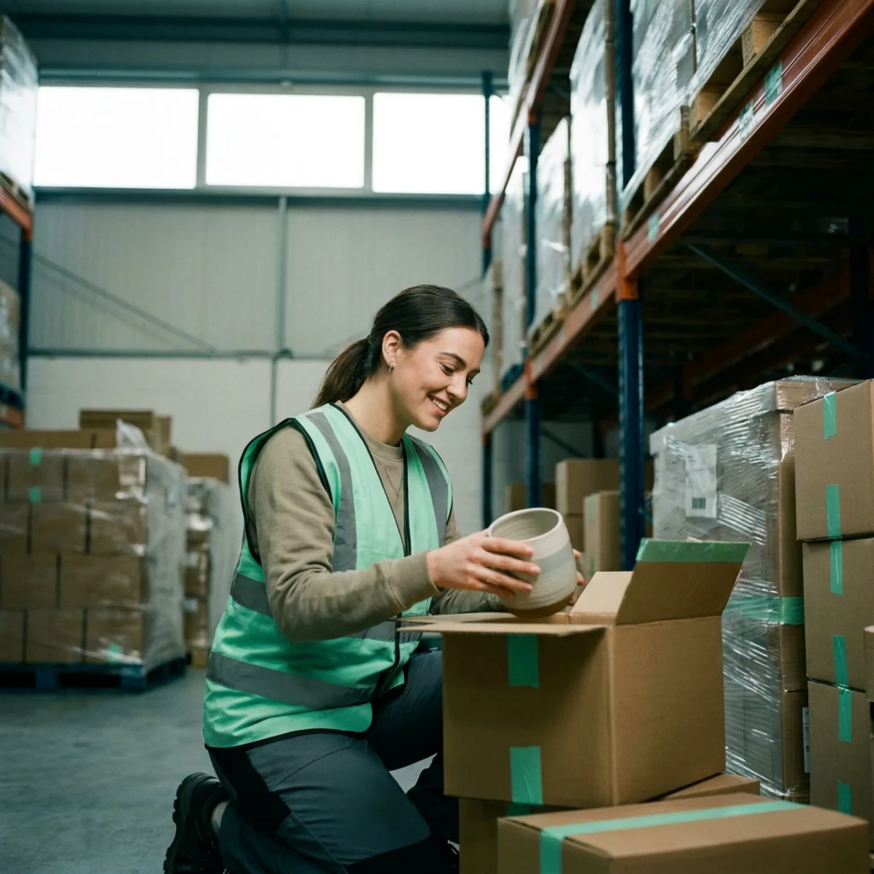 Webshop-ondernemer pakt een product uit Azië uit in een fulfilment center