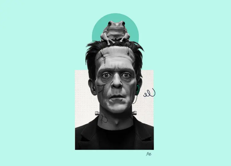 Frankenstein’s monster with a vagus nerve stimulation device and a frog on his head